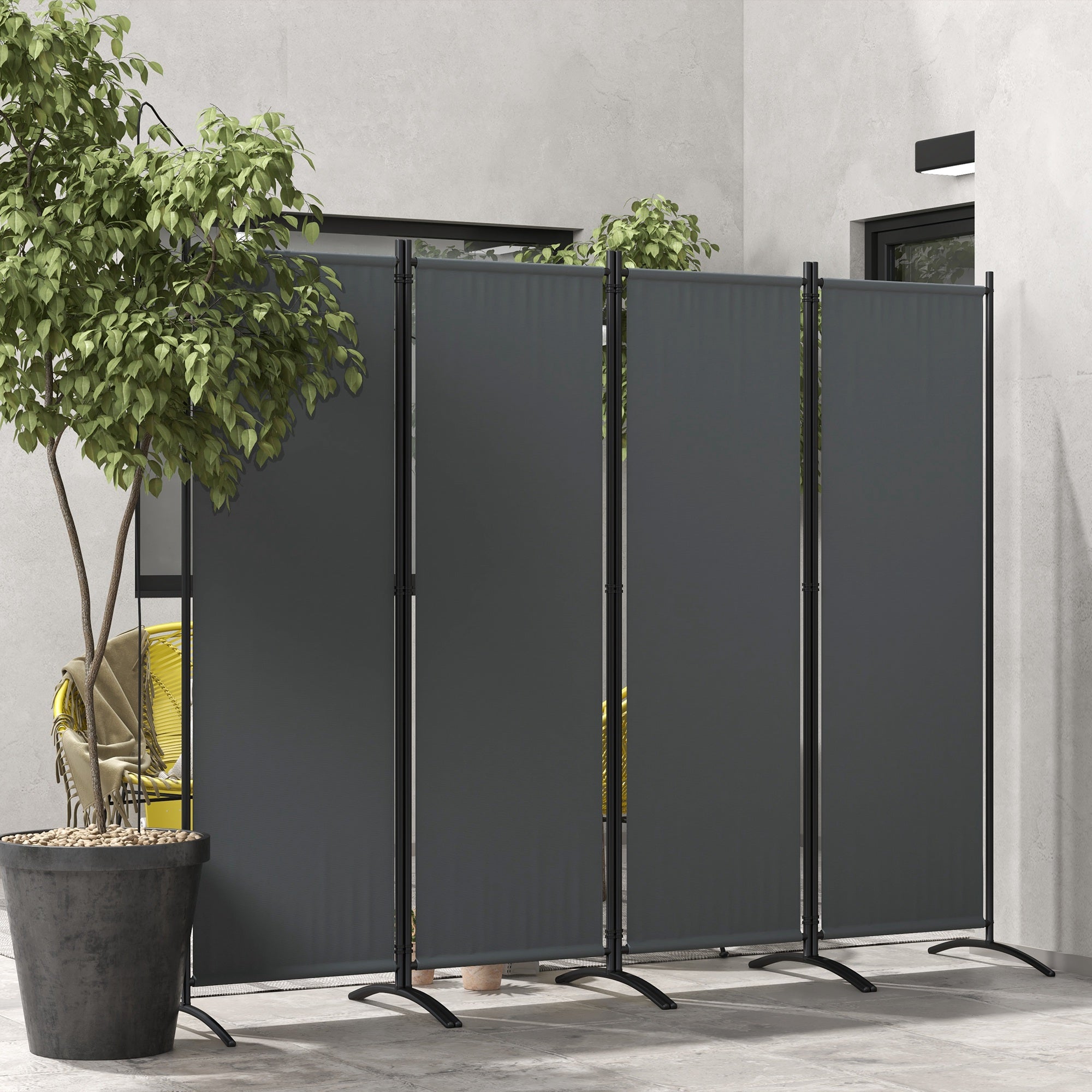 Outsunny 4 Panel Folding Room Divider, 5.6FT Privacy Screen with Wide Feet, Portable Freestanding Privacy Panel for Garden, Backyard, Deck, Pool, Hot Tub, Dark Grey