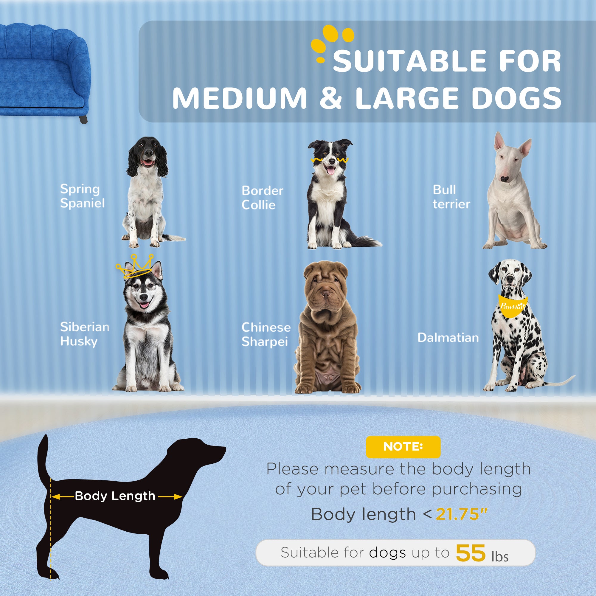 PawHut Velvet Large Dog Couch with Foam Cushion, Soft and Cute Dog Bed with Pearl Design, Dog Sofa for Big and Medium Dogs, Dark Blue
