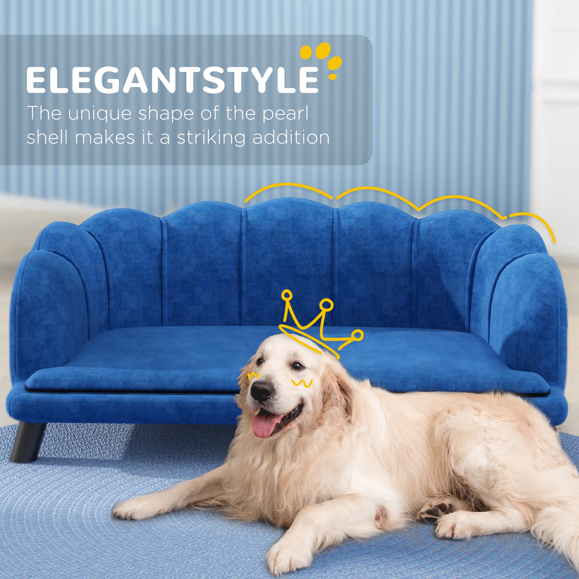 PawHut Velvet Large Dog Couch with Foam Cushion, Soft and Cute Dog Bed with Pearl Design, Dog Sofa for Big and Medium Dogs, Dark Blue