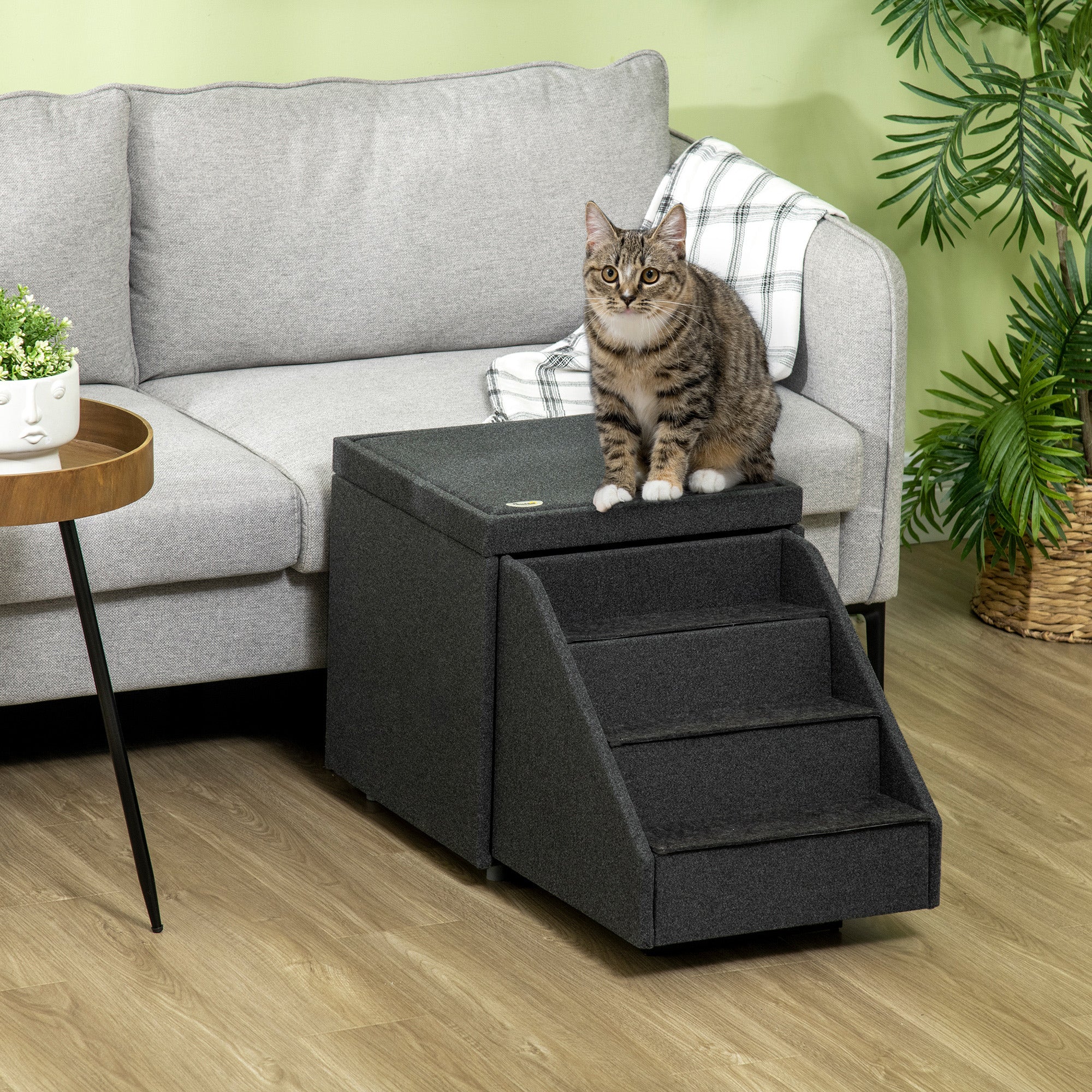 PawHut 2-in-1 Cat & Dog Steps for Bed, Living Room Storage & Footrest, Cat & Dog Stairs for Small and Medium Dogs, Pet Steps Storage Ottoman, Cat Stairs for Old Cats and Large Cats, Gray
