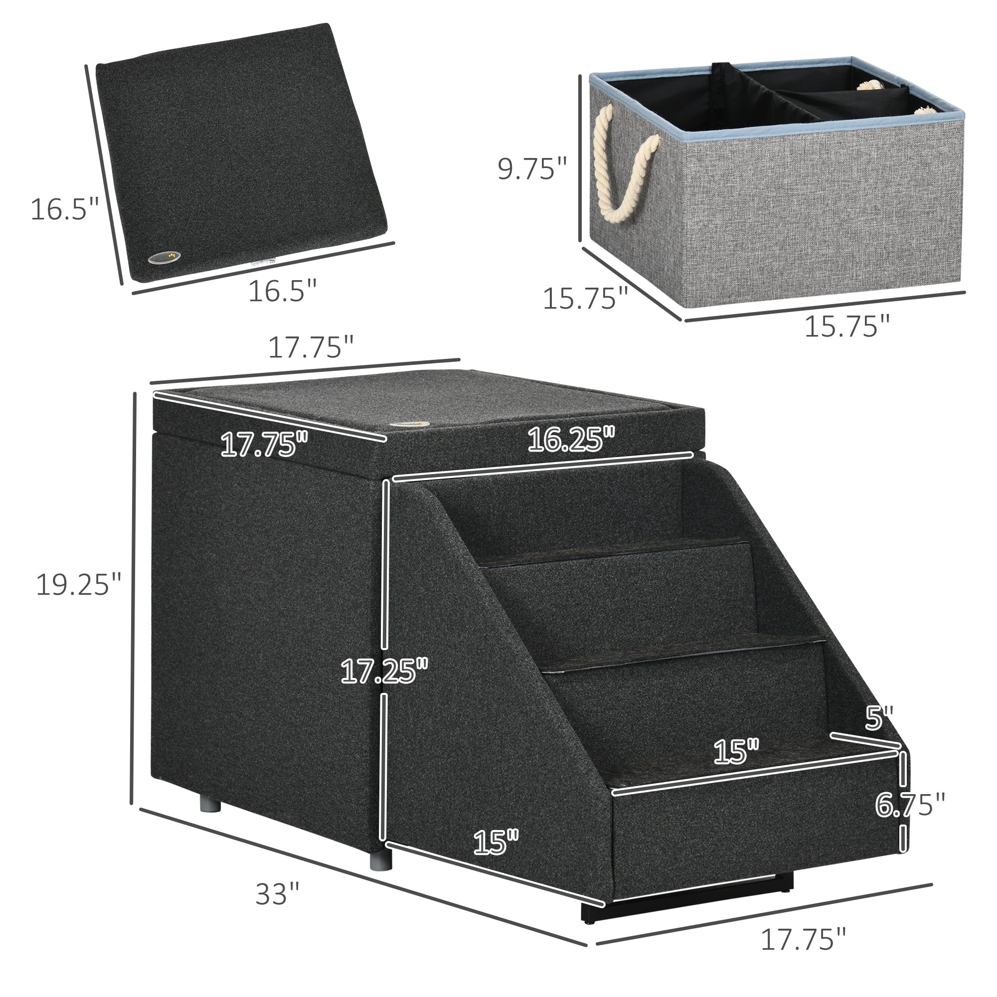 PawHut 2-in-1 Cat & Dog Steps for Bed, Living Room Storage & Footrest, Cat & Dog Stairs for Small and Medium Dogs, Pet Steps Storage Ottoman, Cat Stairs for Old Cats and Large Cats, Gray