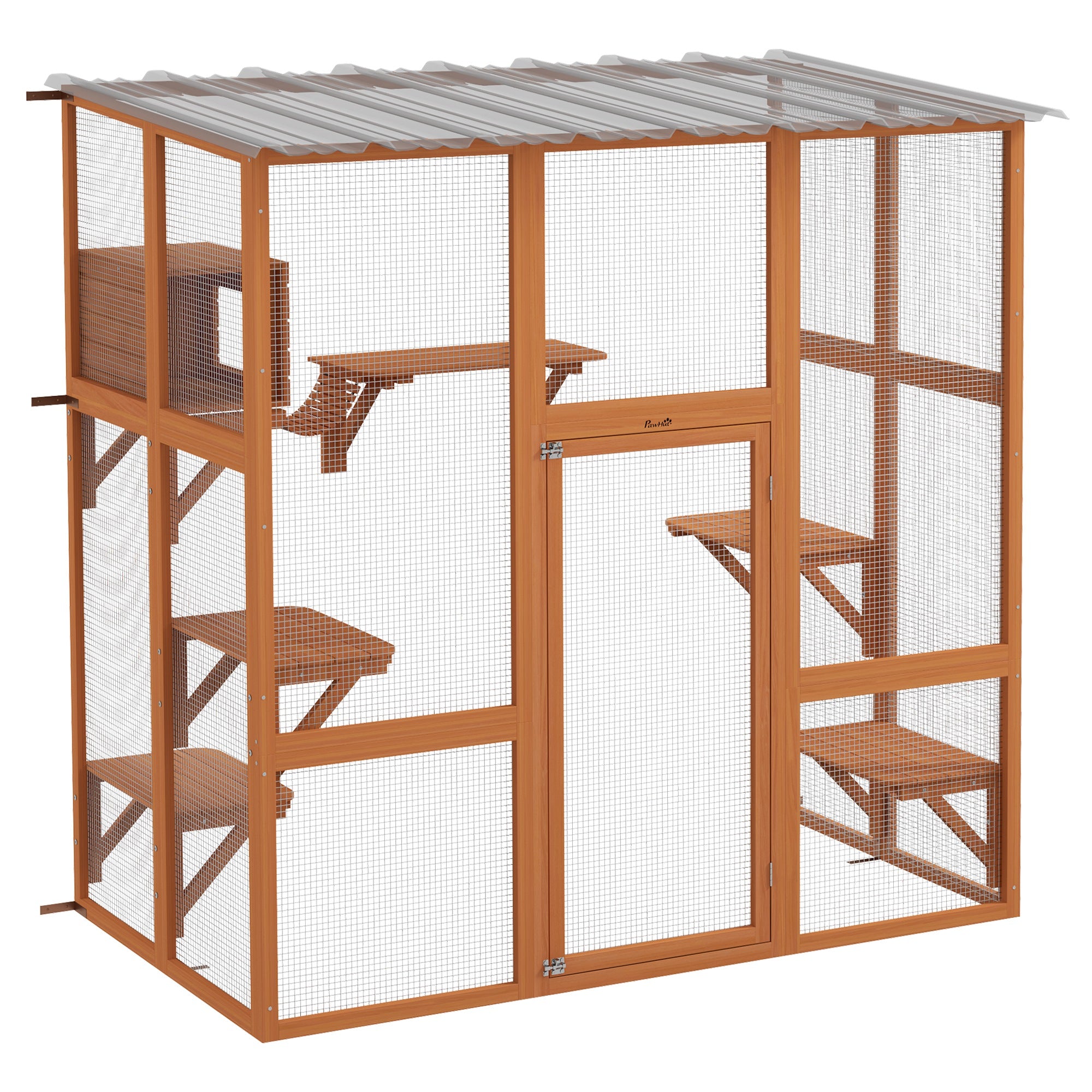 PawHut Catio Outdoor Cat Enclosure, Wooden Outdoor Cat House Window Box with Weatherproof Roof, Bridge, Resting Box, Platforms, Cat Cage for 2 Kittens, Orange
