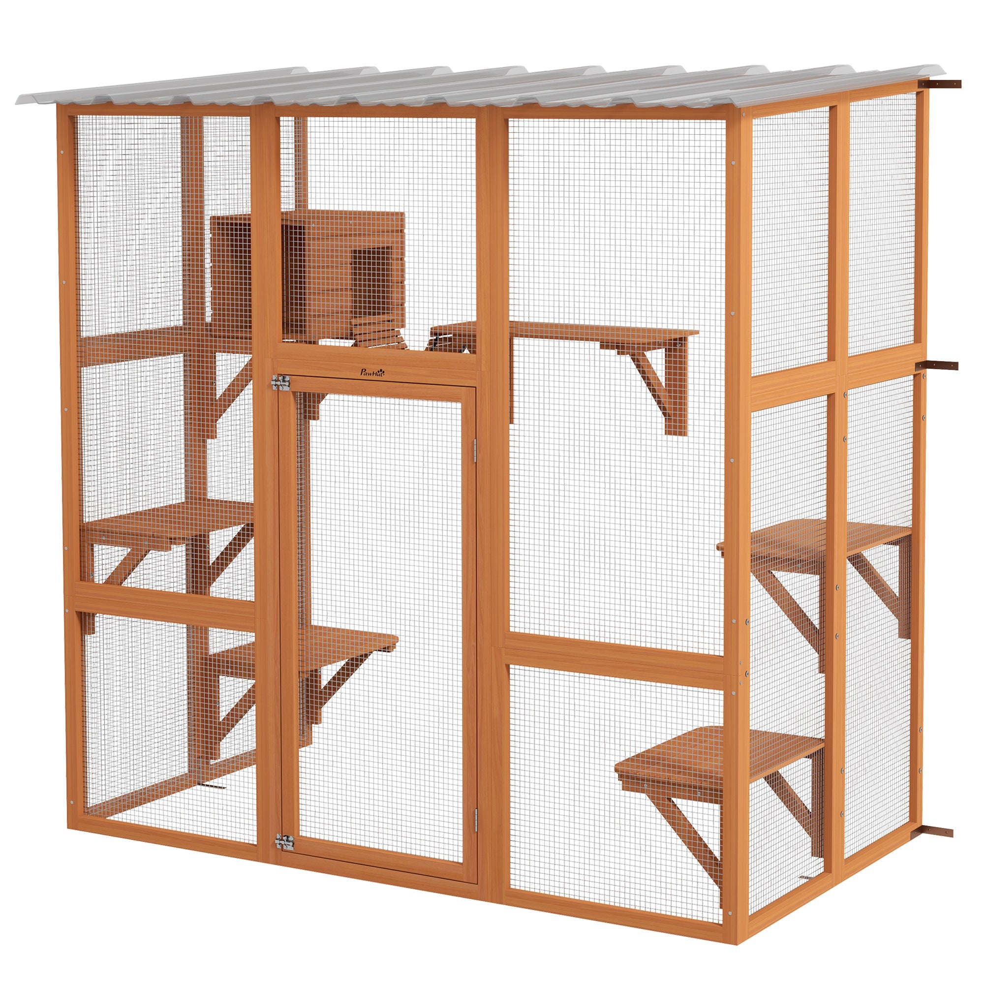 PawHut Catio Outdoor Cat Enclosure, Wooden Outdoor Cat House Window Box with Weatherproof Roof, Bridge, Resting Box, Platforms, Cat Cage for 2 Kittens, Orange