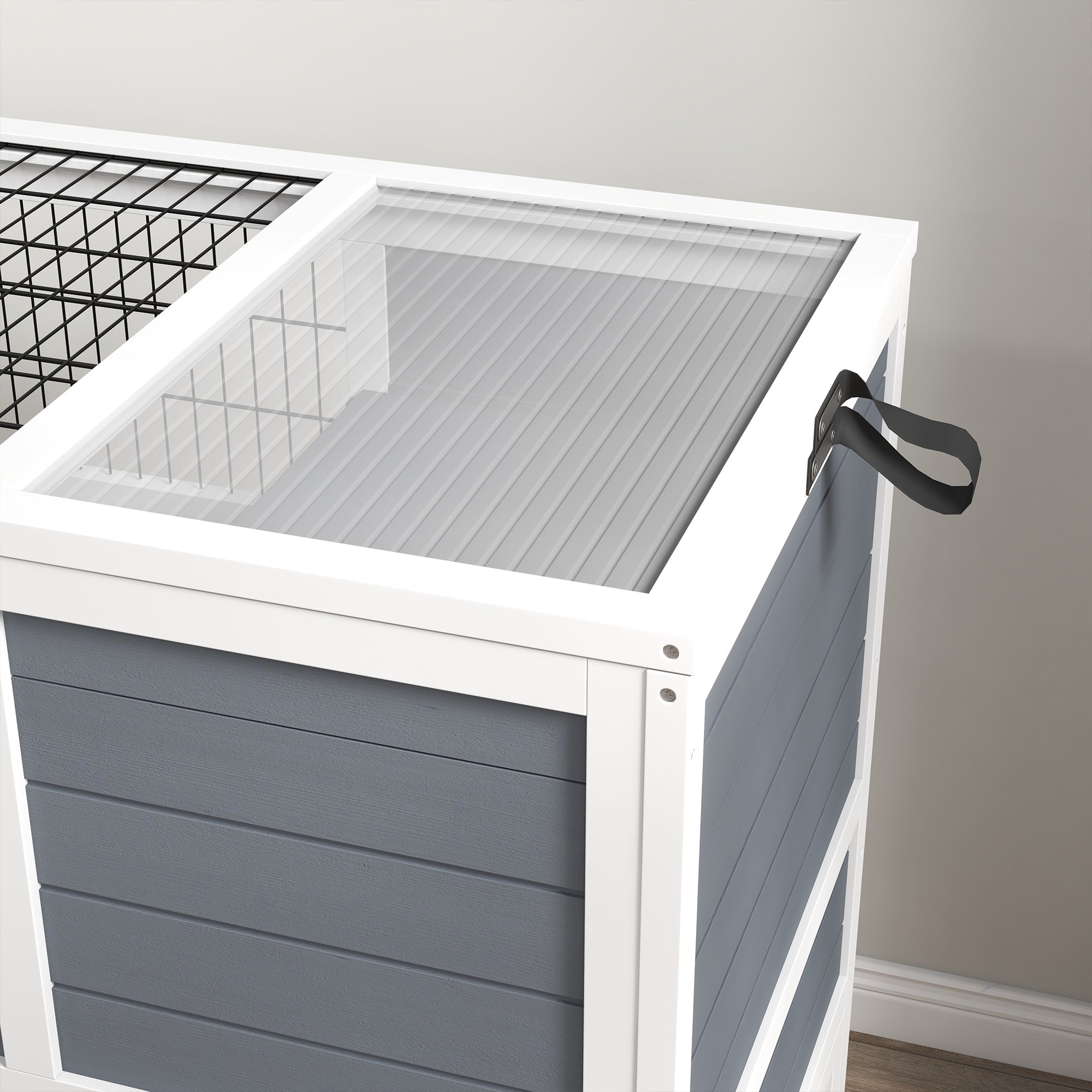 PawHut Rabbit Hutch Guinea Pig Hutch Indoor Wooden Small Animal House with Wheels, Openable Top, No-Leak Plastic Trays - Grey