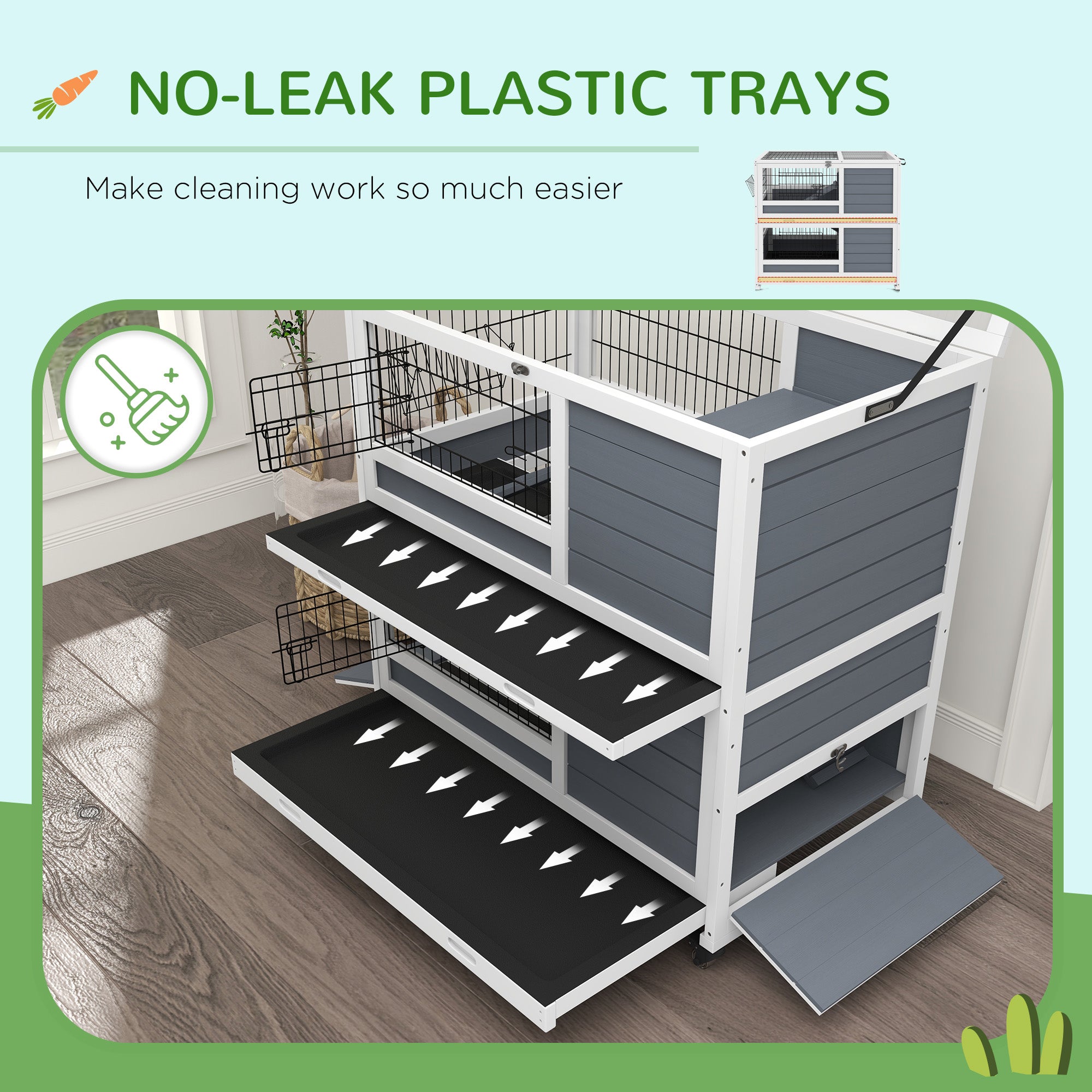 PawHut Rabbit Hutch Guinea Pig Hutch Indoor Wooden Small Animal House with Wheels, Openable Top, No-Leak Plastic Trays - Grey