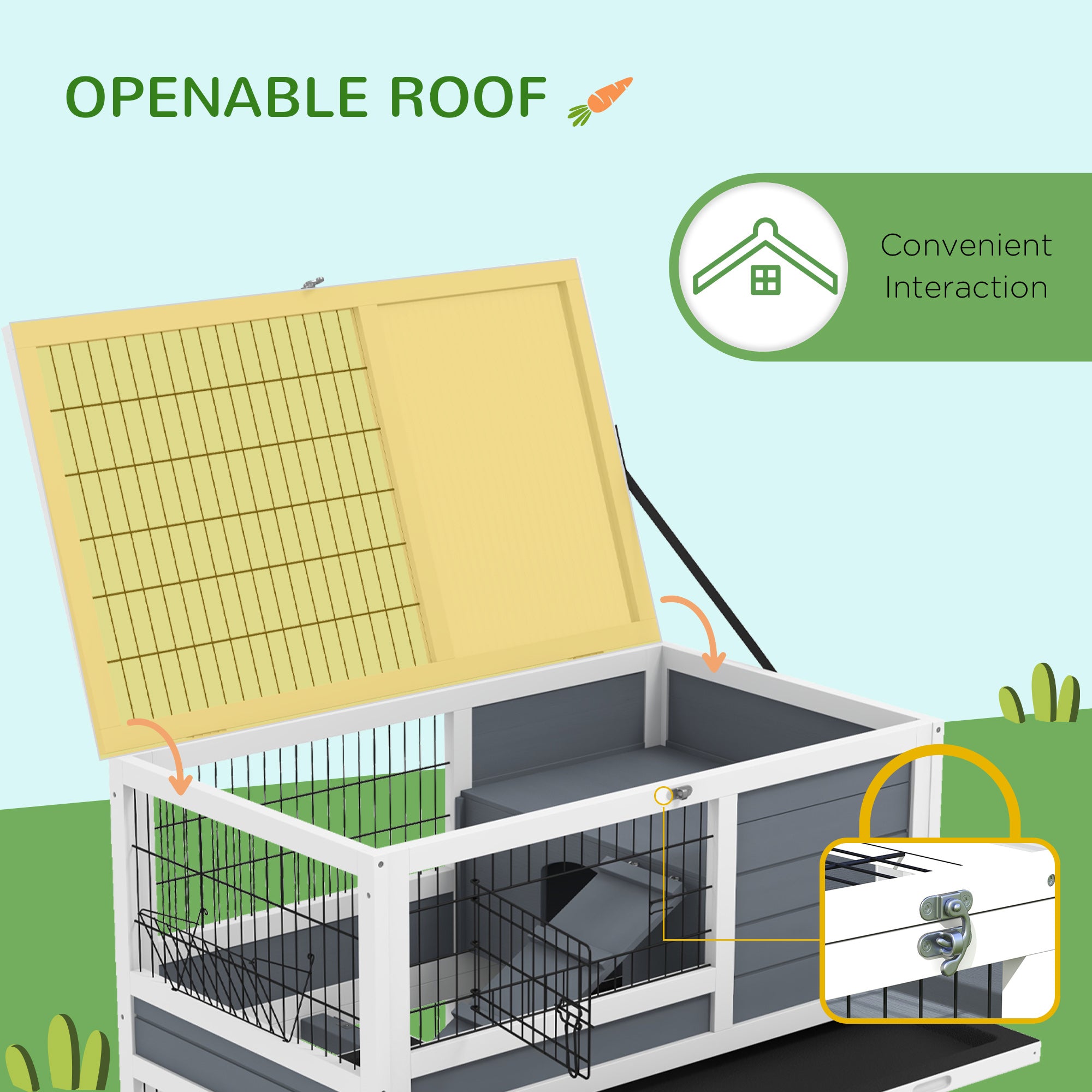 PawHut Rabbit Hutch Guinea Pig Hutch Indoor Wooden Small Animal House with Wheels, Openable Top, No-Leak Plastic Trays - Grey