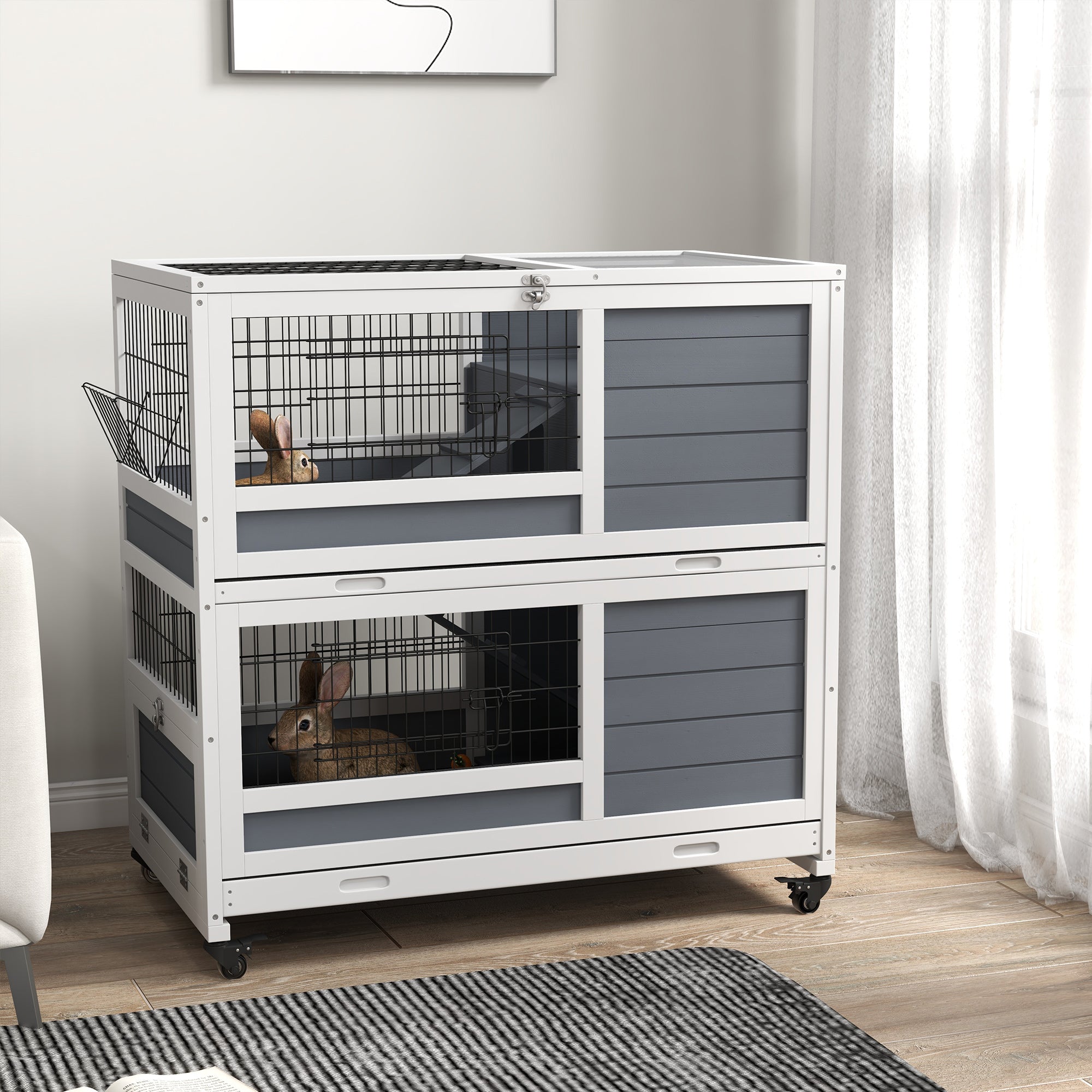 PawHut Rabbit Hutch Guinea Pig Hutch Indoor Wooden Small Animal House with Wheels, Openable Top, No-Leak Plastic Trays - Grey