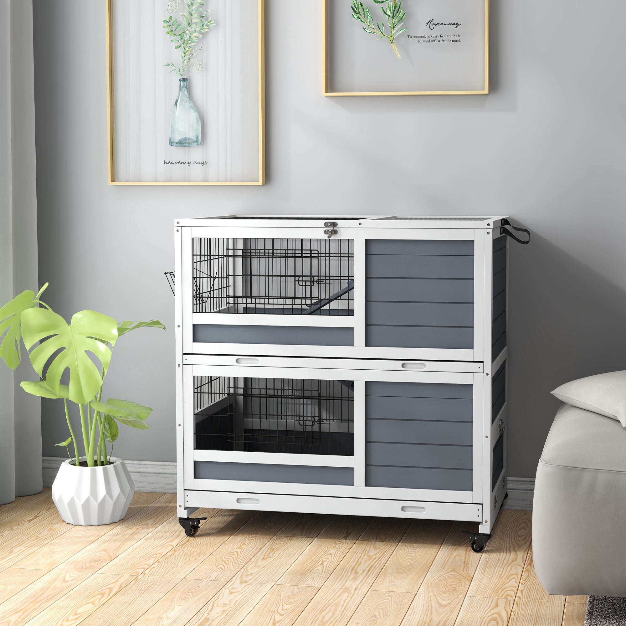 PawHut Rabbit Hutch Guinea Pig Hutch Indoor Wooden Small Animal House with Wheels, Openable Top, No-Leak Plastic Trays - Grey