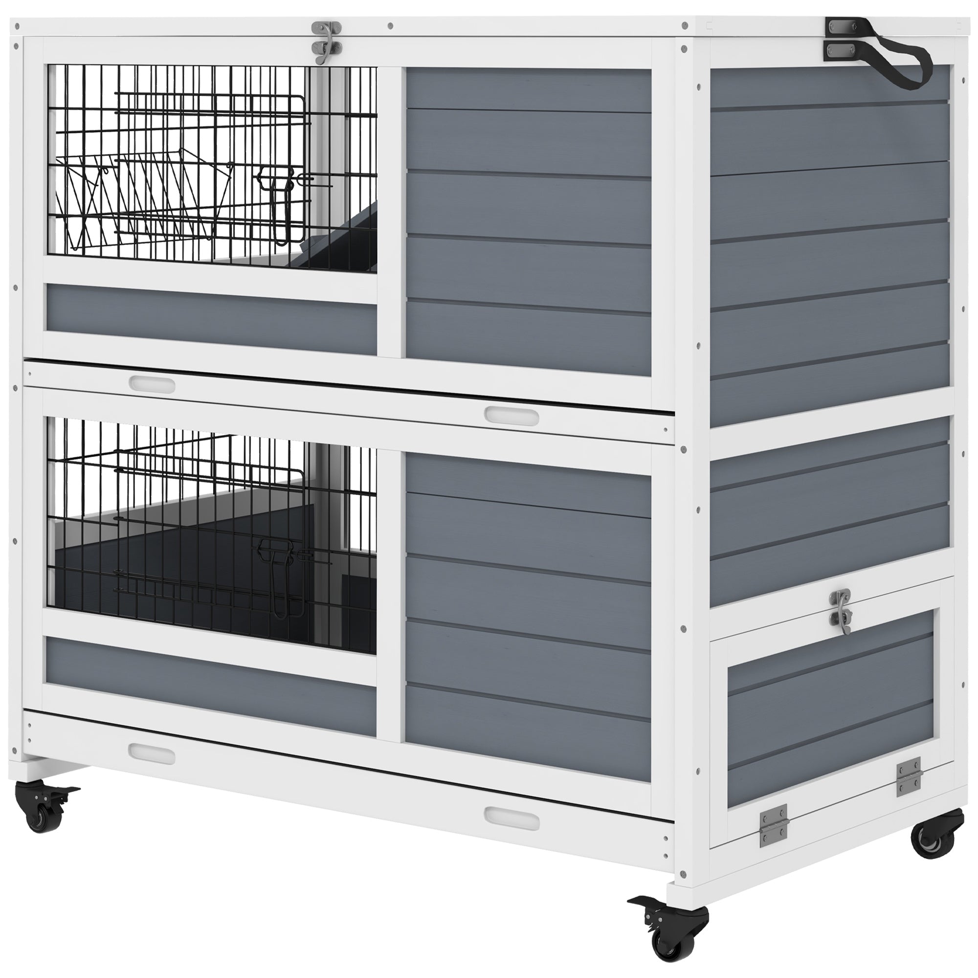 PawHut Rabbit Hutch Guinea Pig Hutch Indoor Wooden Small Animal House with Wheels, Openable Top, No-Leak Plastic Trays - Grey