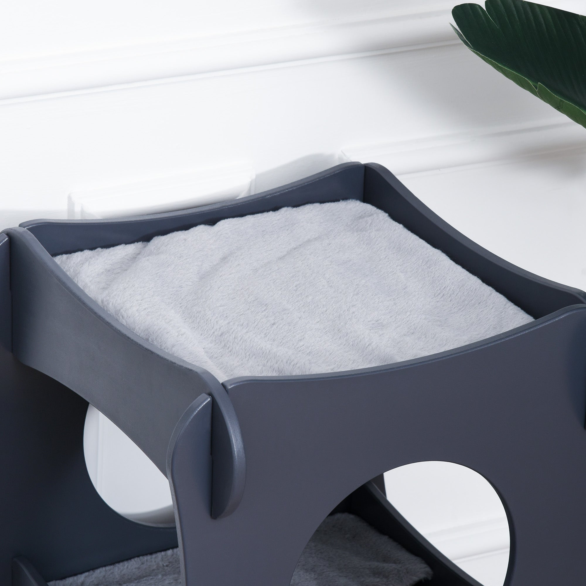 Pawhut Multi-level Wooden Cat House Kitten Bed Pet Furniture with Removable Soft Cushion for Rest and Play Easy to Assemble and Store Dark Grey