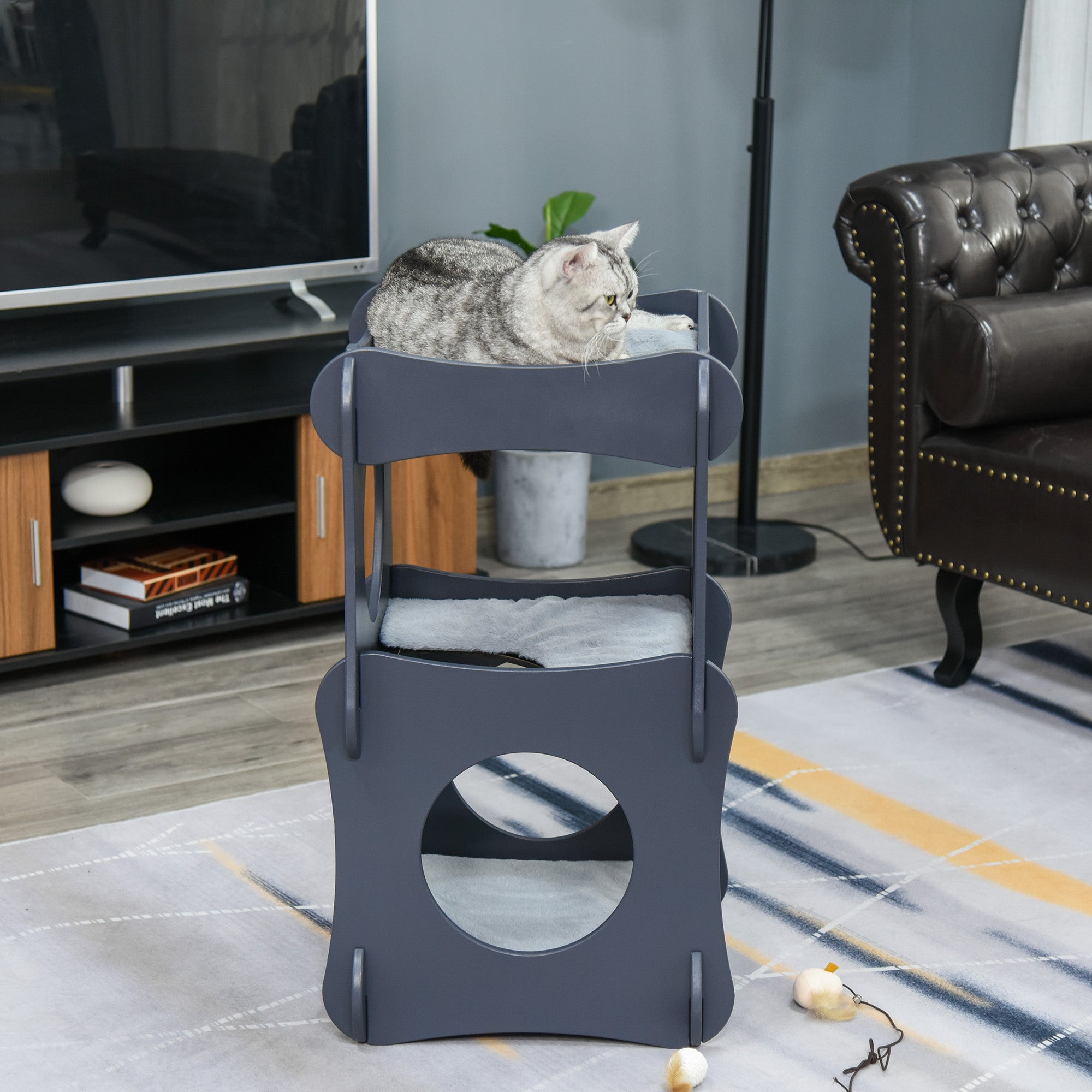Pawhut Multi-level Wooden Cat House Kitten Bed Pet Furniture with Removable Soft Cushion for Rest and Play Easy to Assemble and Store Dark Grey