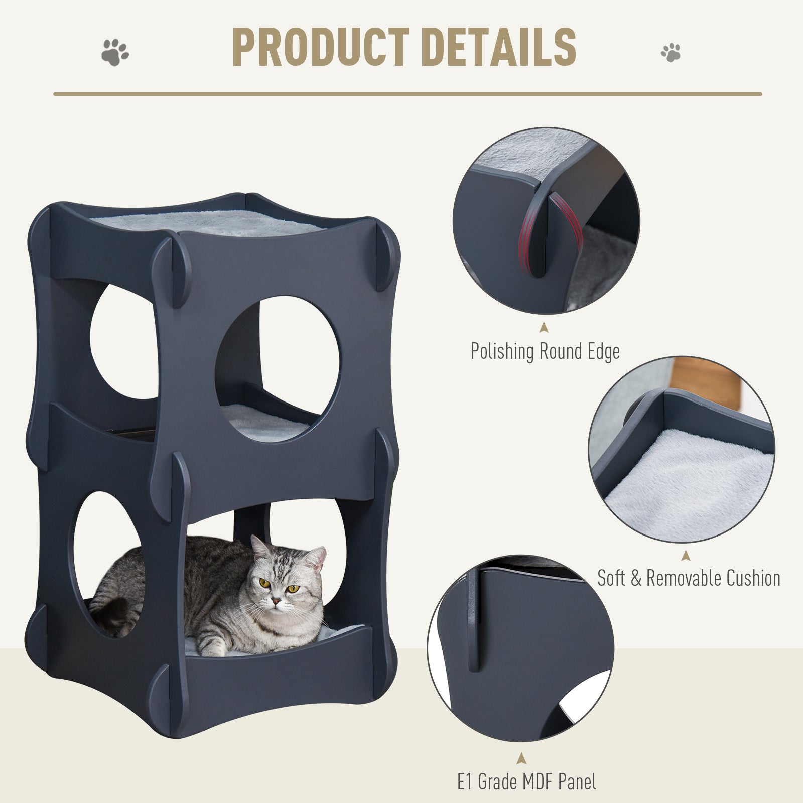 Pawhut Multi-level Wooden Cat House Kitten Bed Pet Furniture with Removable Soft Cushion for Rest and Play Easy to Assemble and Store Dark Grey