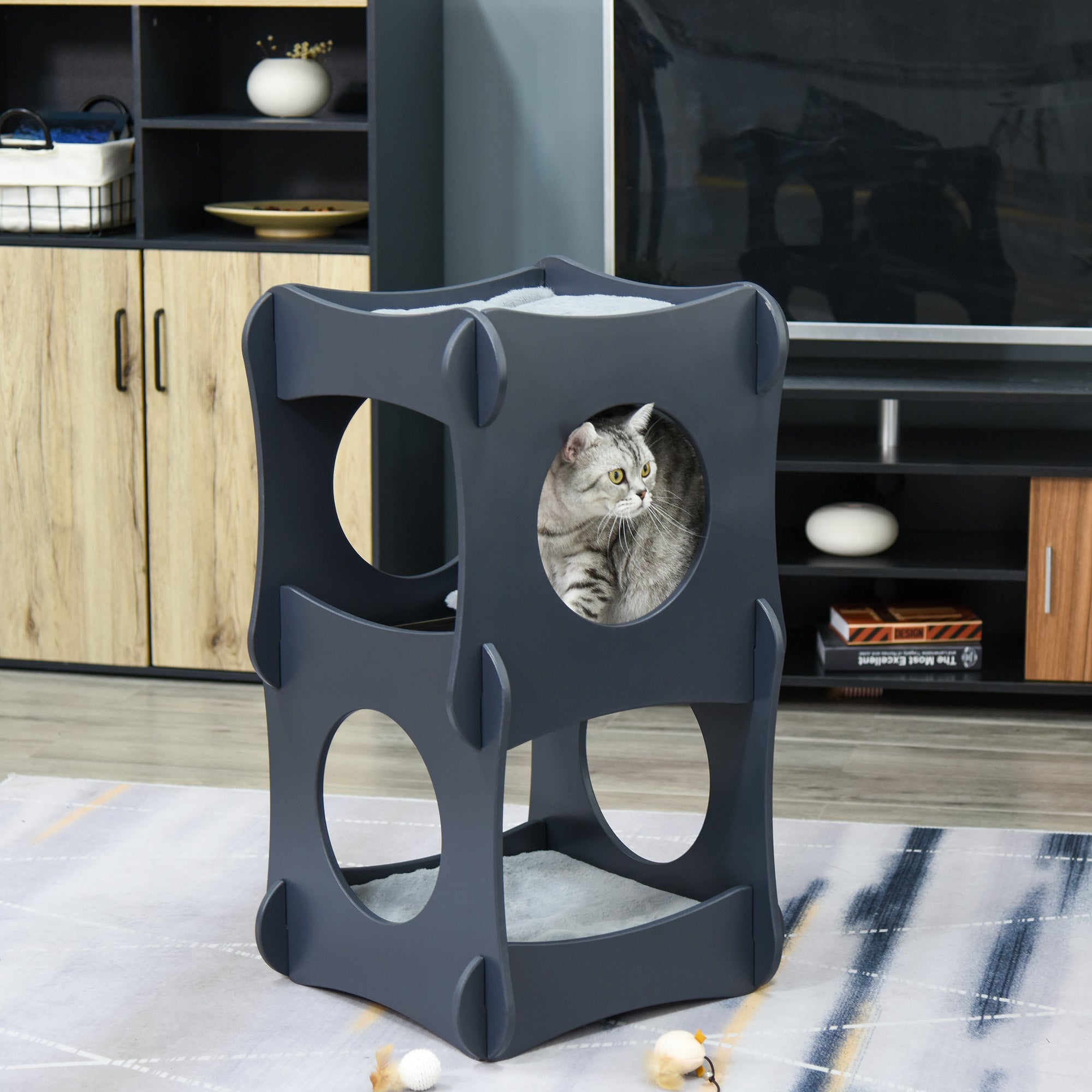 Pawhut Multi-level Wooden Cat House Kitten Bed Pet Furniture with Removable Soft Cushion for Rest and Play Easy to Assemble and Store Dark Grey