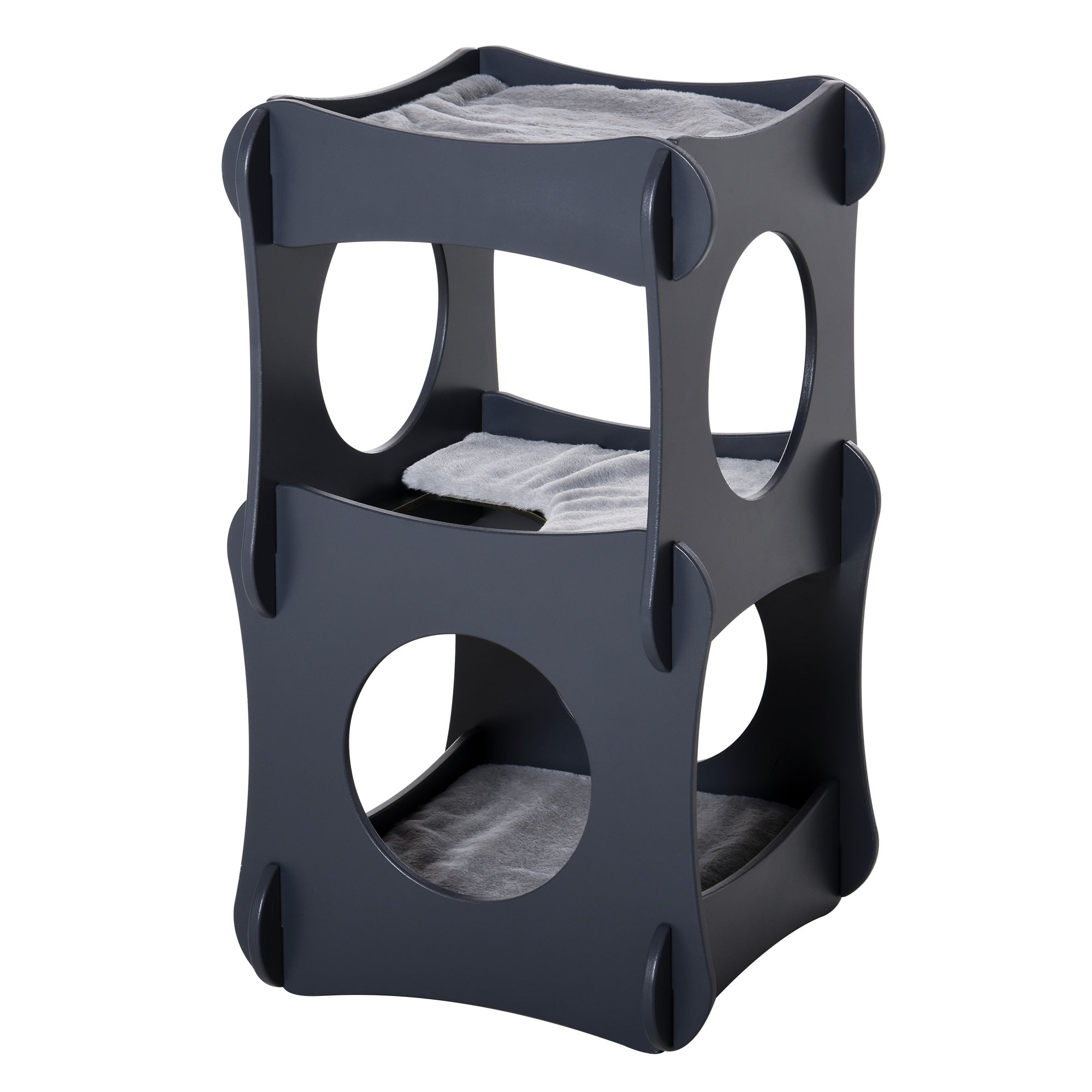 Pawhut Multi-level Wooden Cat House Kitten Bed Pet Furniture with Removable Soft Cushion for Rest and Play Easy to Assemble and Store Dark Grey