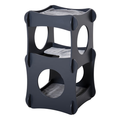 Pawhut Multi-level Wooden Cat House Kitten Bed Pet Furniture with Removable Soft Cushion for Rest and Play Easy to Assemble and Store Dark Grey