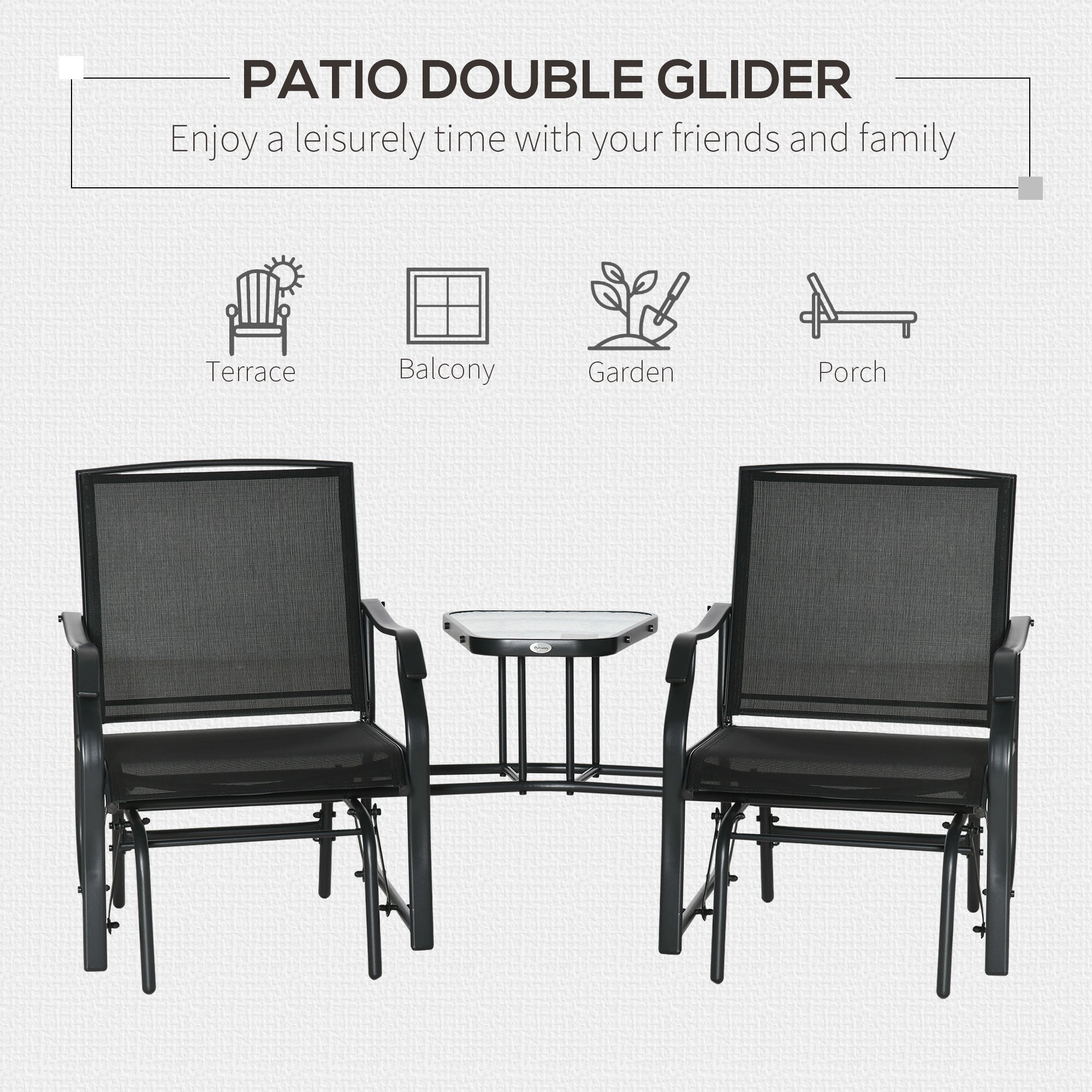Outsunny Patio Double Glider Chair with Glass Top Center Table, Outdoor Glider Chair with High Back,  Sling Fabric for Garden, Bench, Black