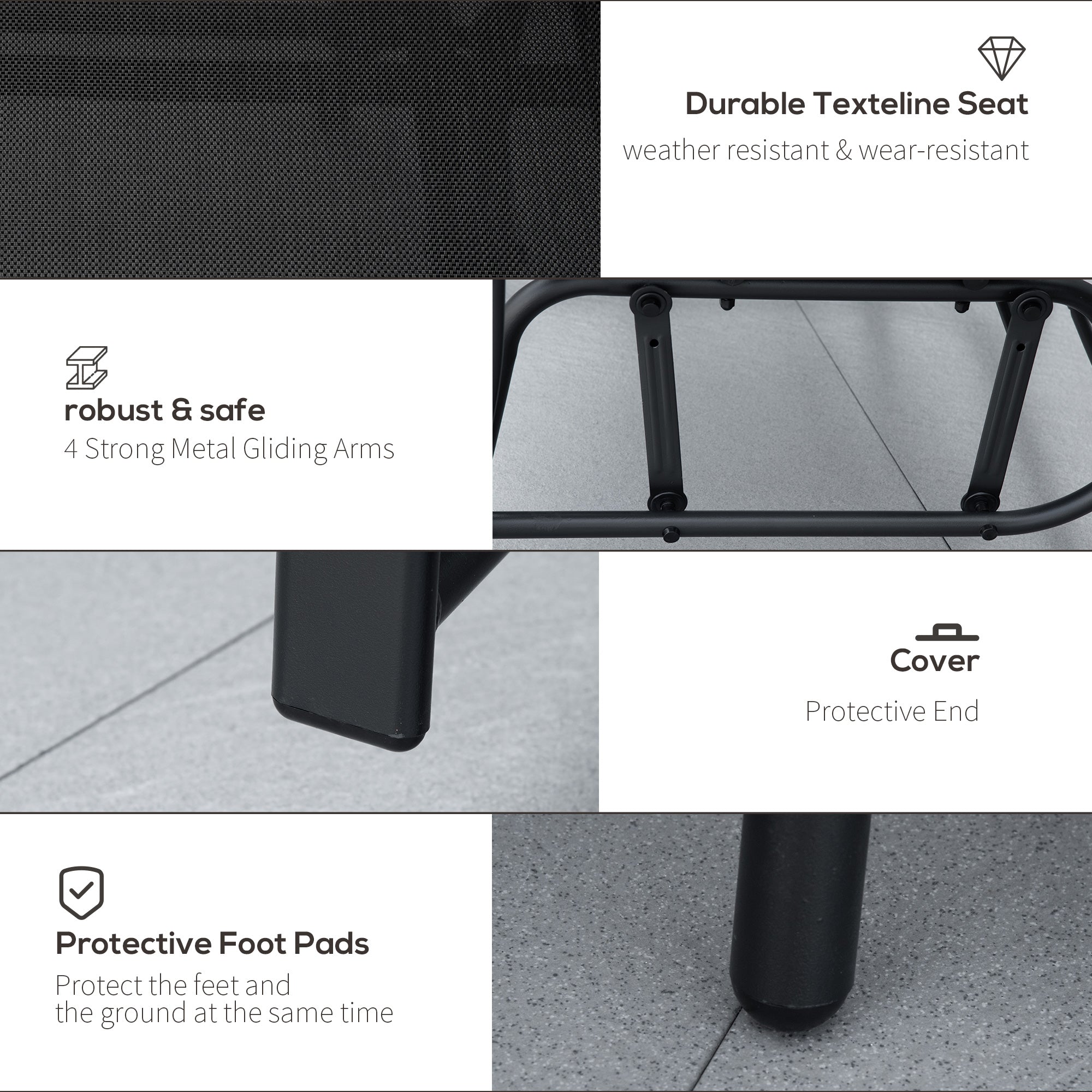 Outsunny Patio Double Glider Chair with Glass Top Center Table, Outdoor Glider Chair with High Back,  Sling Fabric for Garden, Bench, Black