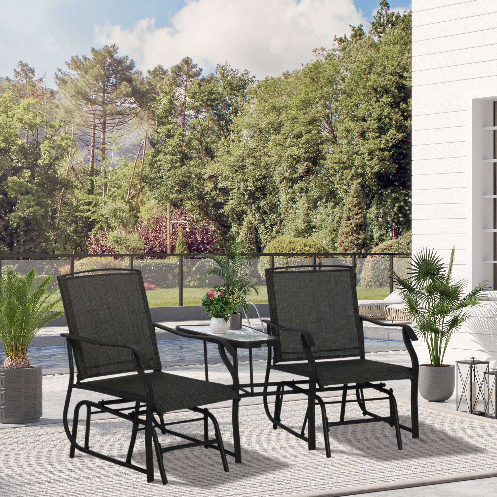 Outsunny Patio Double Glider Chair with Glass Top Center Table, Outdoor Glider Chair with High Back,  Sling Fabric for Garden, Bench, Black