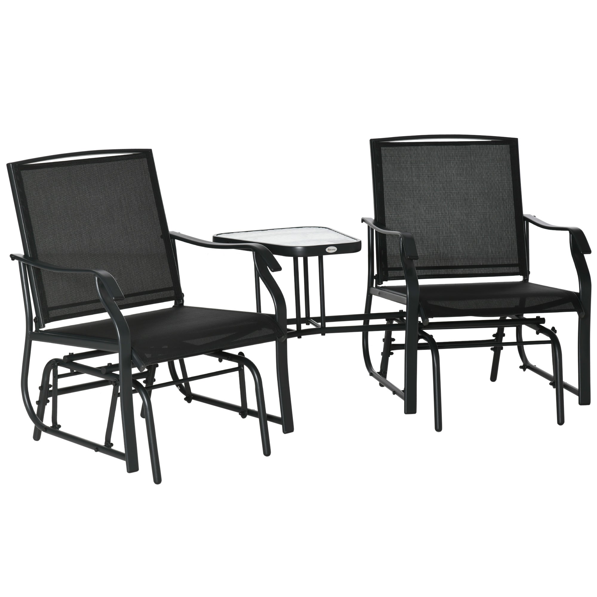 Outsunny Patio Double Glider Chair with Glass Top Center Table, Outdoor Glider Chair with High Back,  Sling Fabric for Garden, Bench, Black