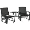 Outsunny Patio Double Glider Chair with Glass Top Center Table, Outdoor Glider Chair with High Back,  Sling Fabric for Garden, Bench, Black