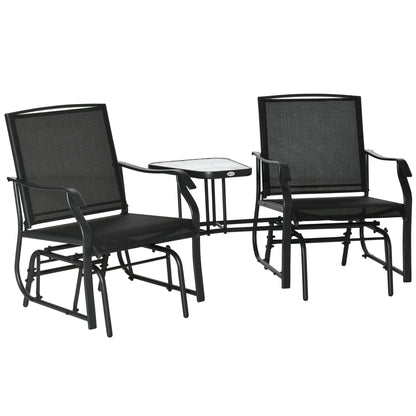 Outsunny Patio Double Glider Chair with Glass Top Center Table, Outdoor Glider Chair with High Back,  Sling Fabric for Garden, Bench, Black
