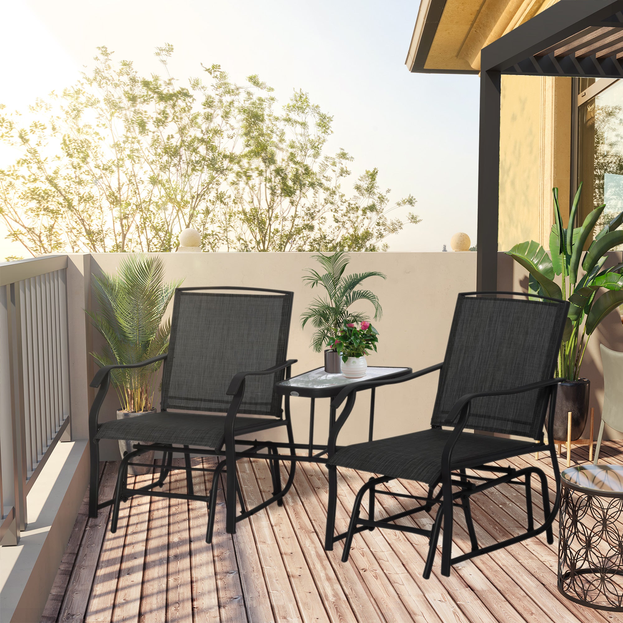 Outsunny Patio Double Glider Chair with Glass Top Center Table, Outdoor Glider Chair with High Back,  Sling Fabric for Garden, Bench, Black