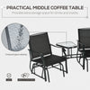 Outsunny Patio Double Glider Chair with Glass Top Center Table, Outdoor Glider Chair with High Back,  Sling Fabric for Garden, Bench, Black