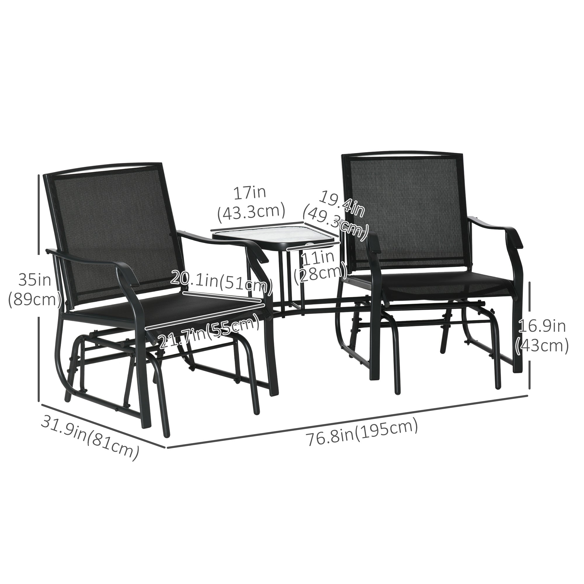 Outsunny Patio Double Glider Chair with Glass Top Center Table, Outdoor Glider Chair with High Back,  Sling Fabric for Garden, Bench, Black