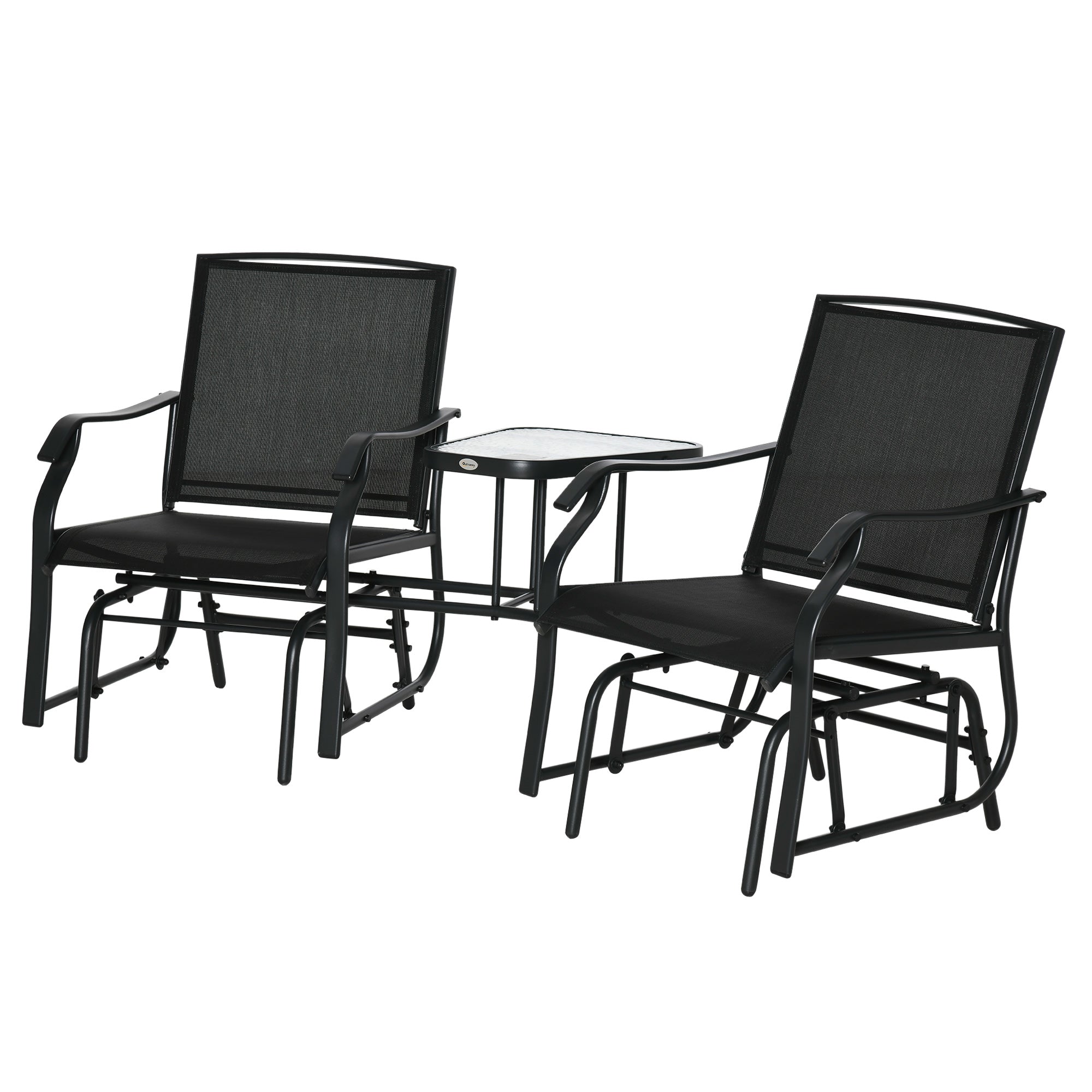 Outsunny Patio Double Glider Chair with Glass Top Center Table, Outdoor Glider Chair with High Back,  Sling Fabric for Garden, Bench, Black