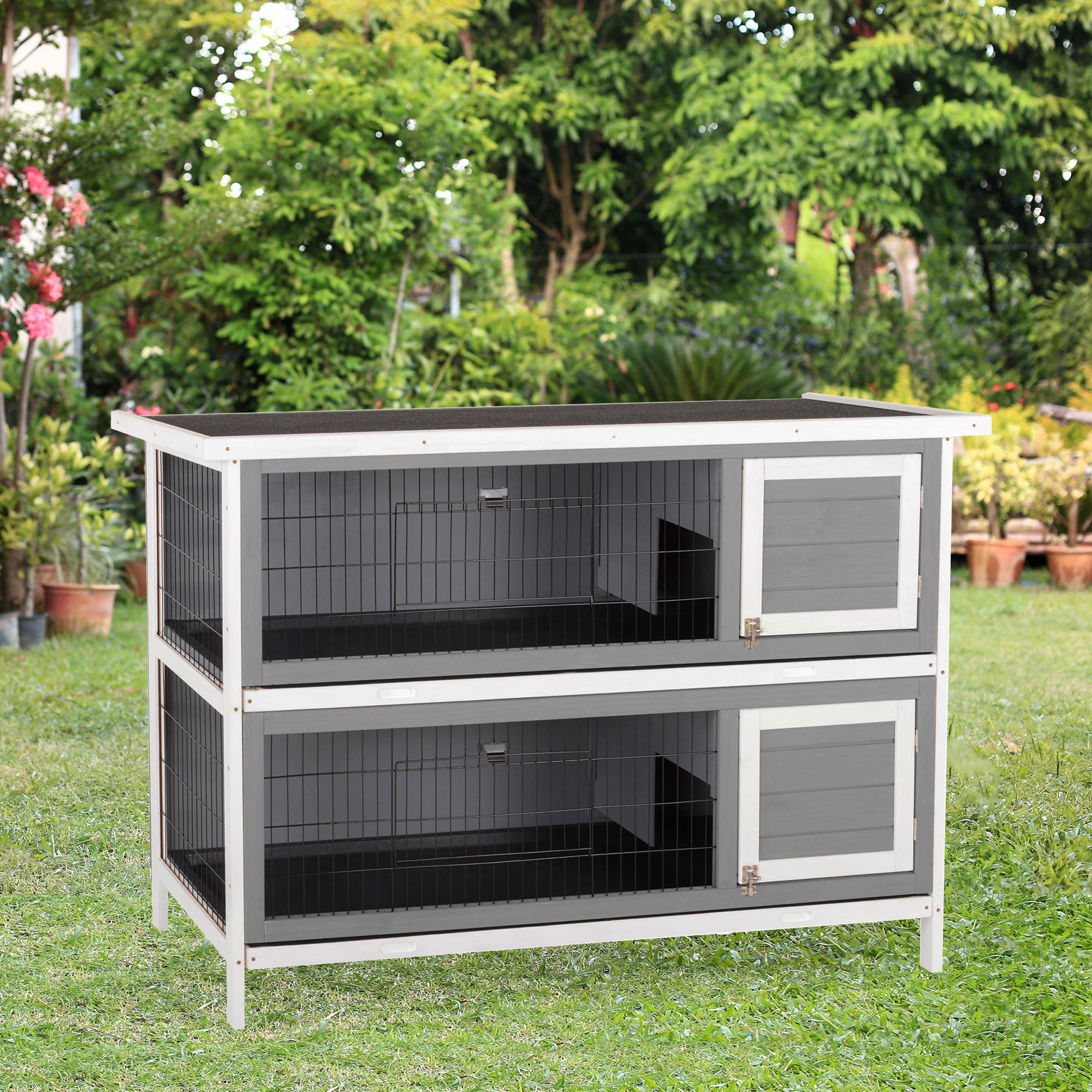 PawHut 54"L 2-Story Large Rabbit Hutch Bunny Cage Wooden Pet House Small Animal Habitat with Lockable Doors, No Leak Tray and Waterproof Roof for Outdoor/Indoor Grey&White