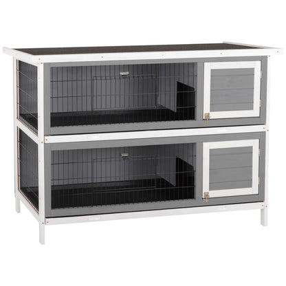 PawHut 54"L 2-Story Large Rabbit Hutch Bunny Cage Wooden Pet House Small Animal Habitat with Lockable Doors, No Leak Tray and Waterproof Roof for Outdoor/Indoor Grey&White