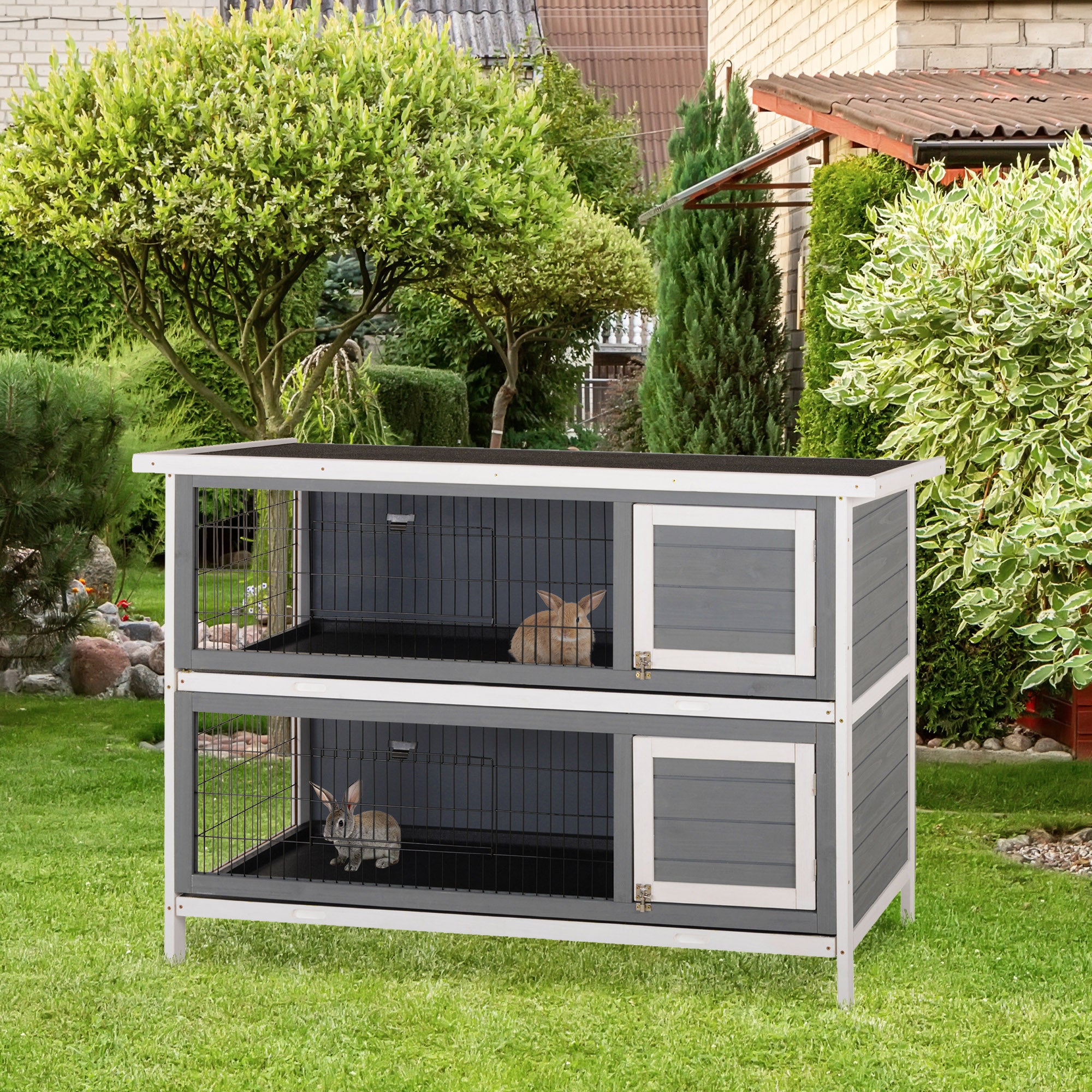 PawHut 54"L 2-Story Large Rabbit Hutch Bunny Cage Wooden Pet House Small Animal Habitat with Lockable Doors, No Leak Tray and Waterproof Roof for Outdoor/Indoor Grey&White