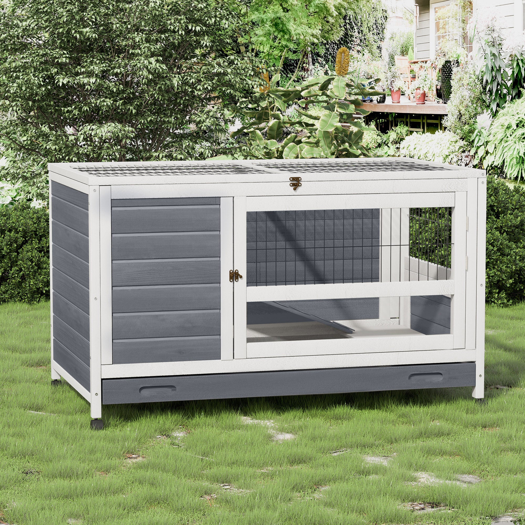 PawHut Wooden Rabbit Hutch Pet House Elevated Bunny Cage Small Animal Habitat with Slide-out Tray Lockable Door Openable Top for Indoor 40.25" x 23.5" x 25" Grey