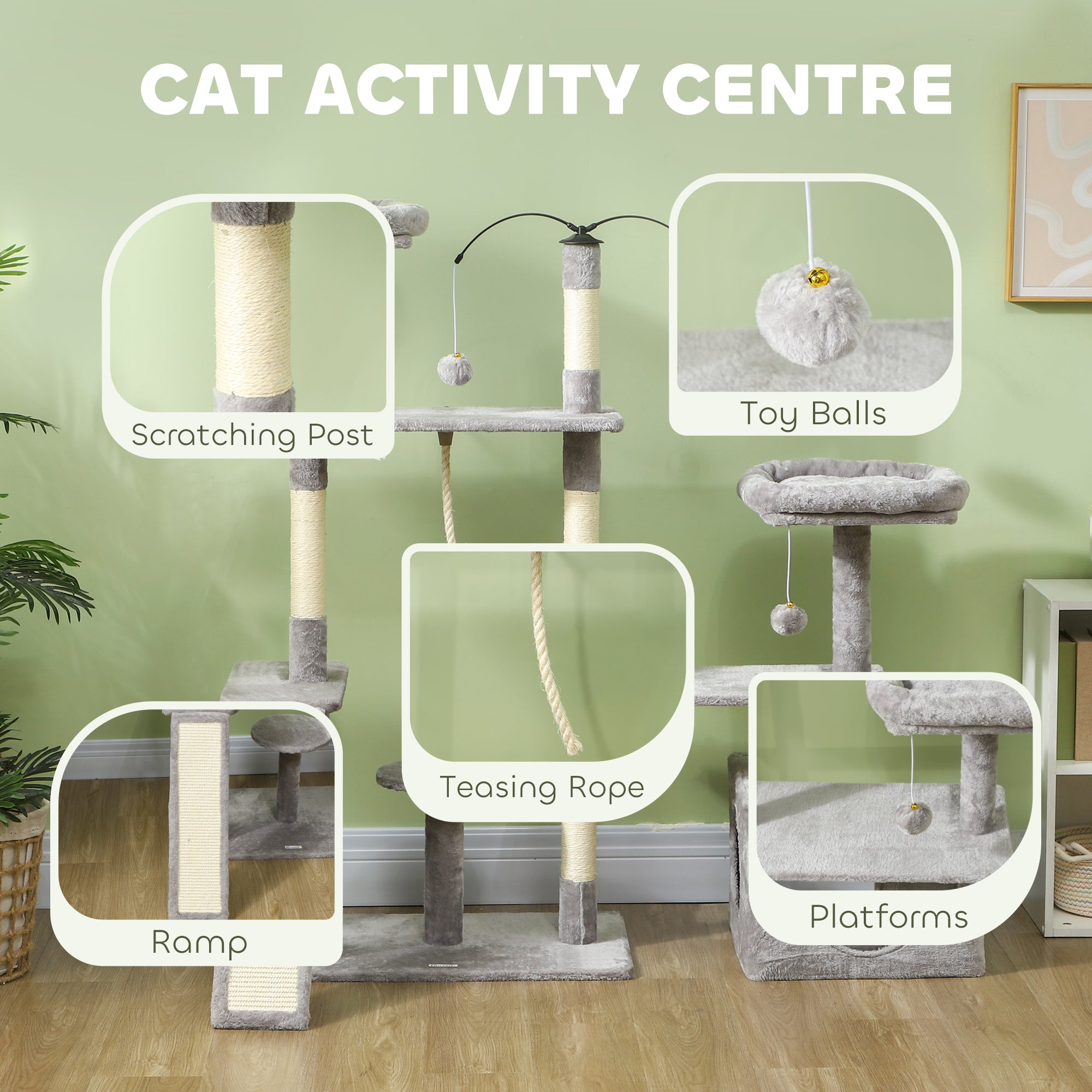 PawHut 53" Cat Tree, Multi-Level Cat Tower for Indoor Cats with Sisal Scratching Posts, Cat Condo, Beds, Platforms, Ramp, Toy Balls, Cat Activity Center, Light Grey