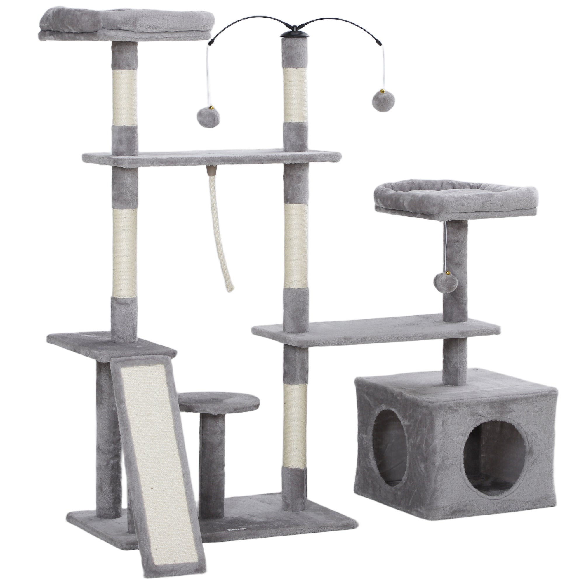 PawHut 53" Cat Tree, Multi-Level Cat Tower for Indoor Cats with Sisal Scratching Posts, Cat Condo, Beds, Platforms, Ramp, Toy Balls, Cat Activity Center, Light Grey