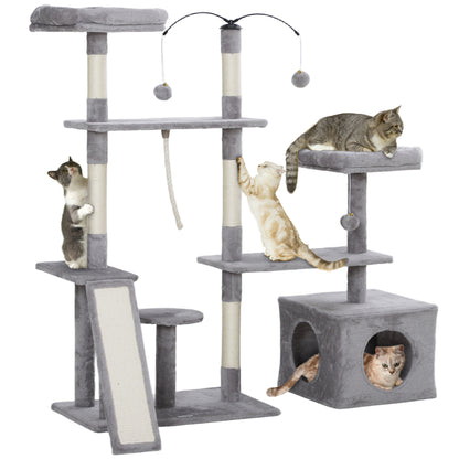 PawHut 53" Cat Tree, Multi-Level Cat Tower for Indoor Cats with Sisal Scratching Posts, Cat Condo, Beds, Platforms, Ramp, Toy Balls, Cat Activity Center, Light Grey