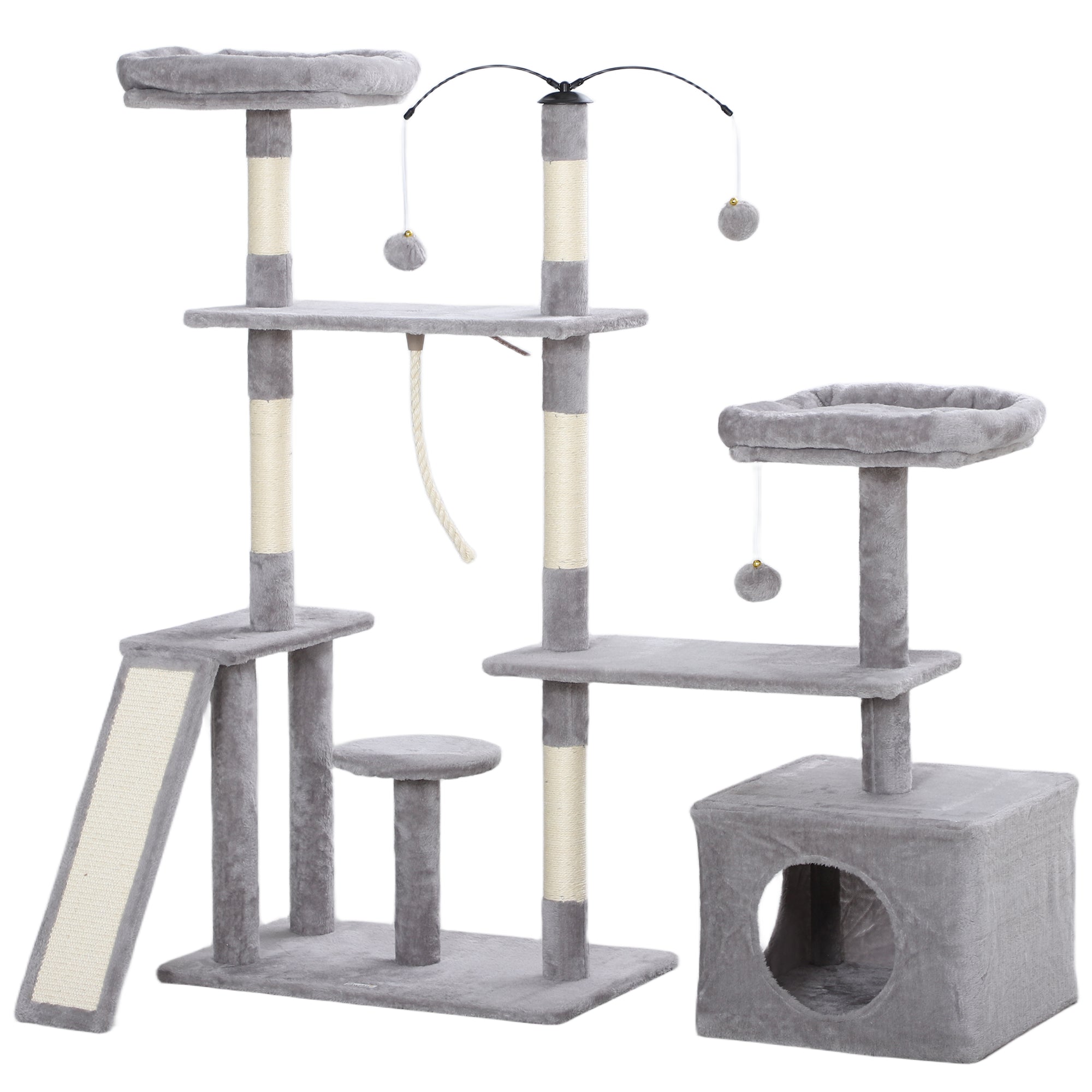 PawHut 53" Cat Tree, Multi-Level Cat Tower for Indoor Cats with Sisal Scratching Posts, Cat Condo, Beds, Platforms, Ramp, Toy Balls, Cat Activity Center, Light Grey