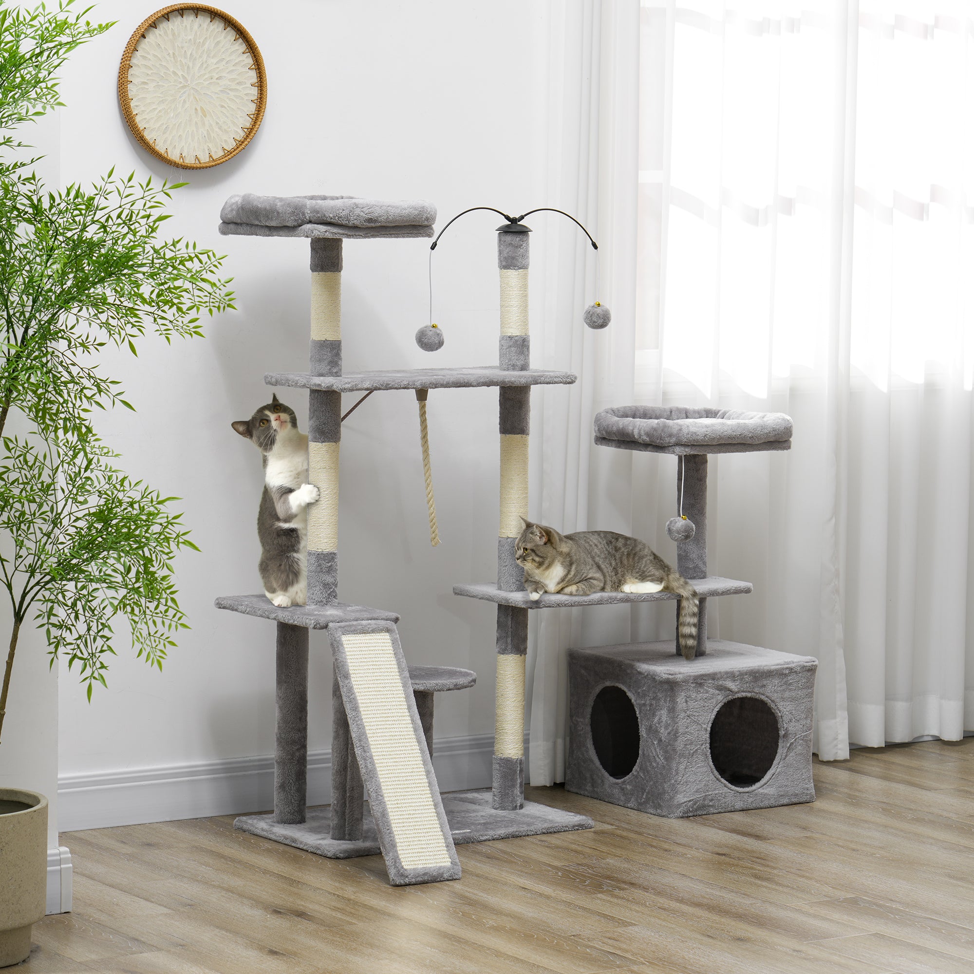 PawHut 53" Cat Tree, Multi-Level Cat Tower for Indoor Cats with Sisal Scratching Posts, Cat Condo, Beds, Platforms, Ramp, Toy Balls, Cat Activity Center, Light Grey