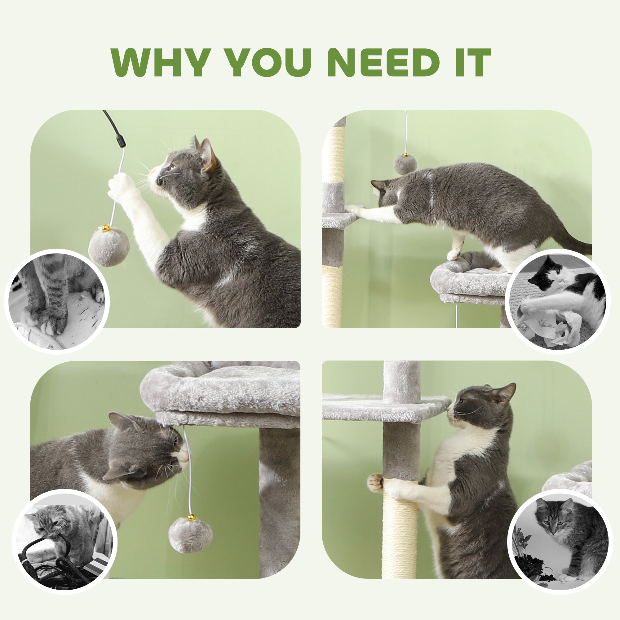 PawHut 53" Cat Tree, Multi-Level Cat Tower for Indoor Cats with Sisal Scratching Posts, Cat Condo, Beds, Platforms, Ramp, Toy Balls, Cat Activity Center, Light Grey