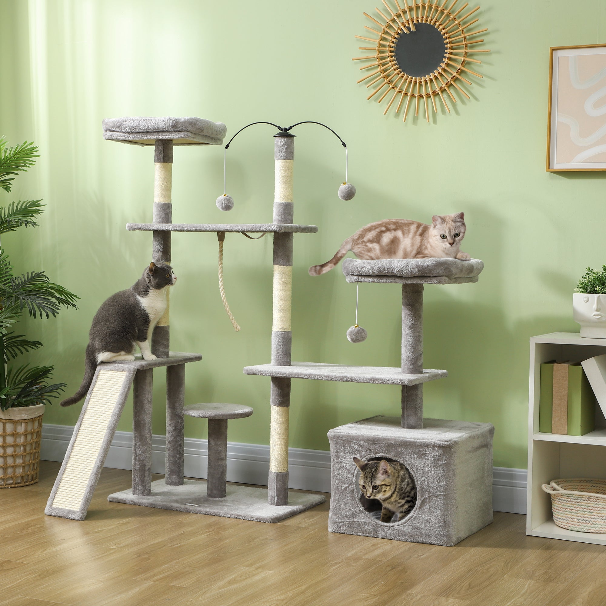 PawHut 53" Cat Tree, Multi-Level Cat Tower for Indoor Cats with Sisal Scratching Posts, Cat Condo, Beds, Platforms, Ramp, Toy Balls, Cat Activity Center, Light Grey