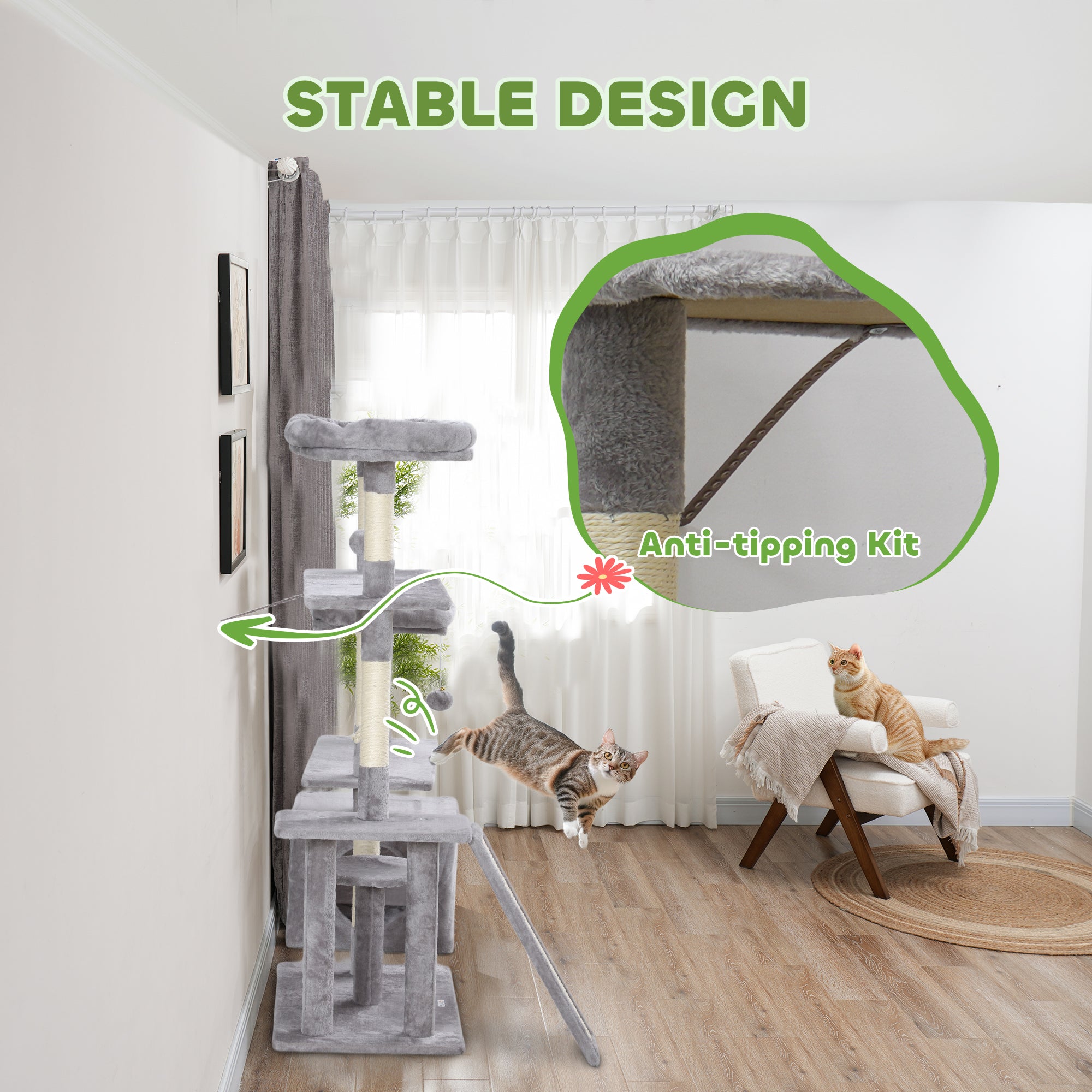 PawHut 53" Cat Tree, Multi-Level Cat Tower for Indoor Cats with Sisal Scratching Posts, Cat Condo, Beds, Platforms, Ramp, Toy Balls, Cat Activity Center, Light Grey