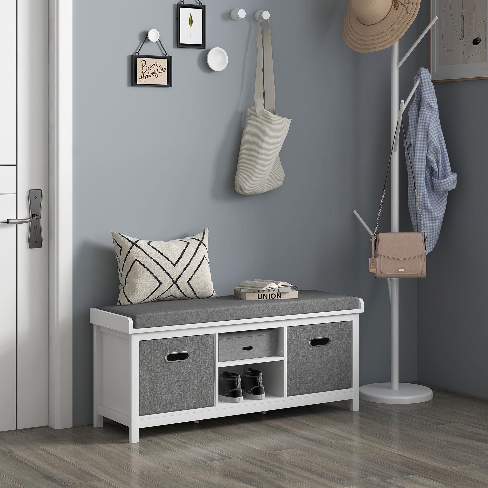 HOMCOM Shoe Bench with Cushion, Storage Bench for Entryway with Padded Seat, 2 Drawers and Adjustable Shelf for Hallway, Living Room, Bedroom, White