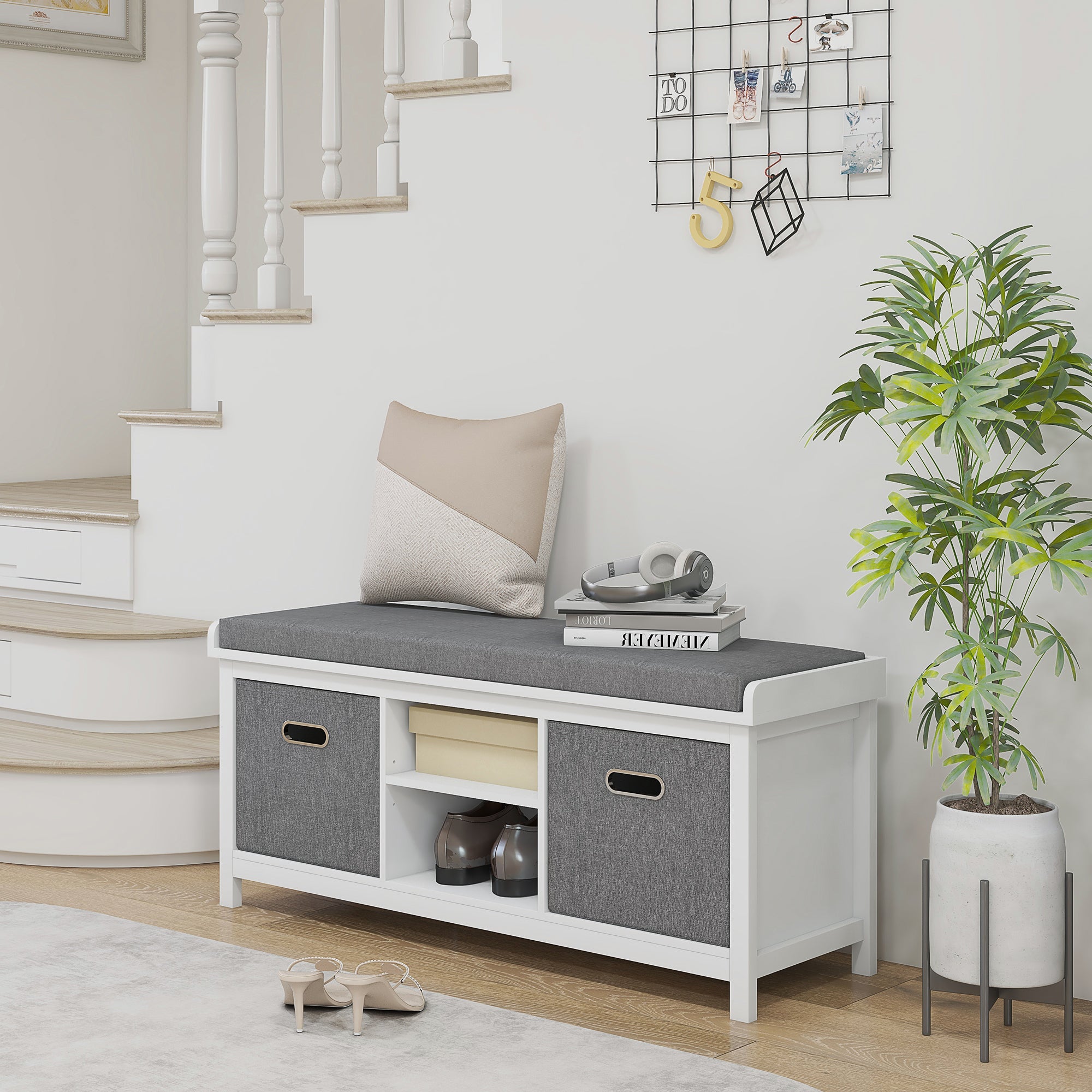 HOMCOM Shoe Bench with Cushion, Storage Bench for Entryway with Padded Seat, 2 Drawers and Adjustable Shelf for Hallway, Living Room, Bedroom, White