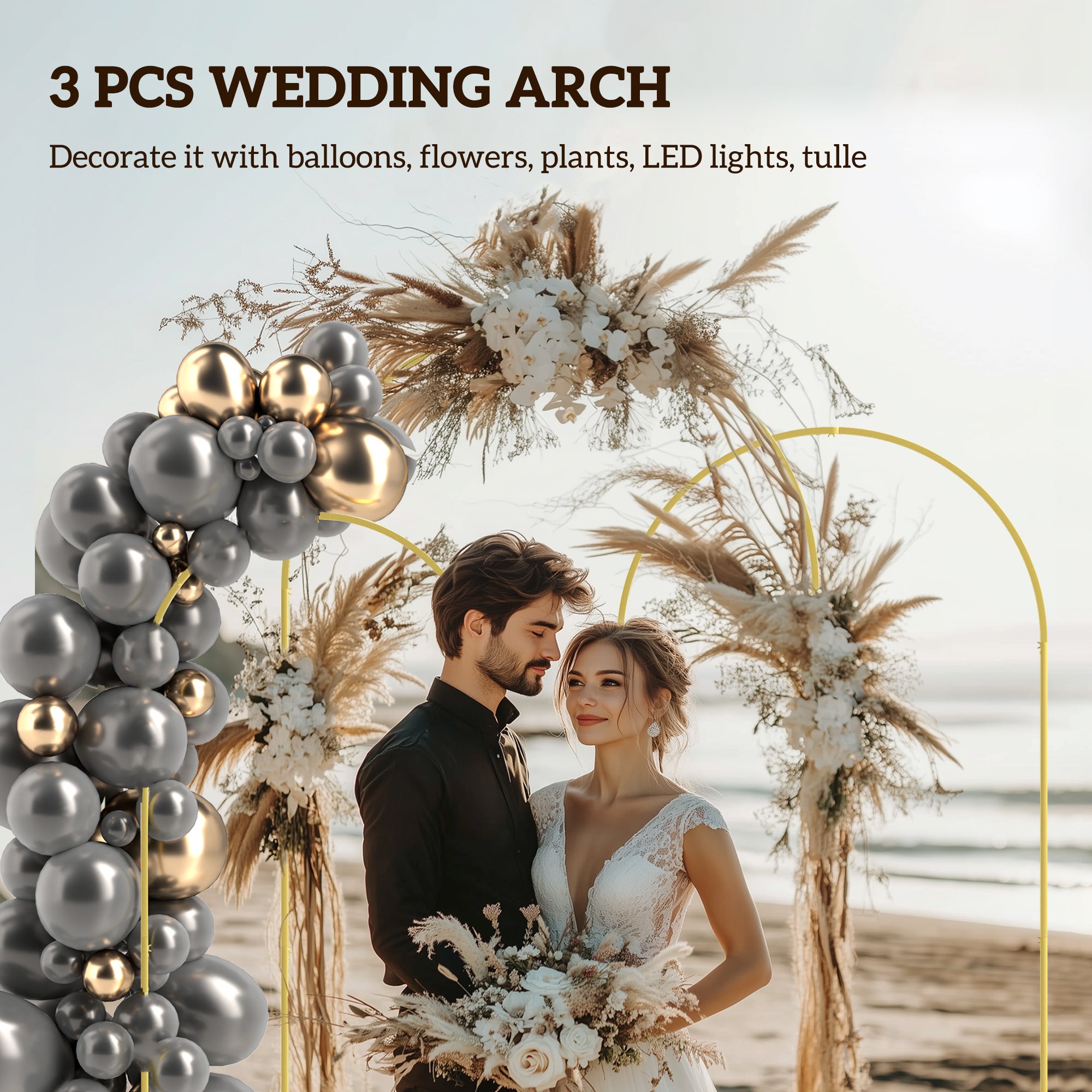 Outsunny Wedding Arch, 7/6.5/6 ft Metal Arch Backdrop Stand Set of 3, Balloon Balloon Arch Stand for Birthday Party, Bridal Shower, Graduation, Ceremony, Banquet Decorations, Gold