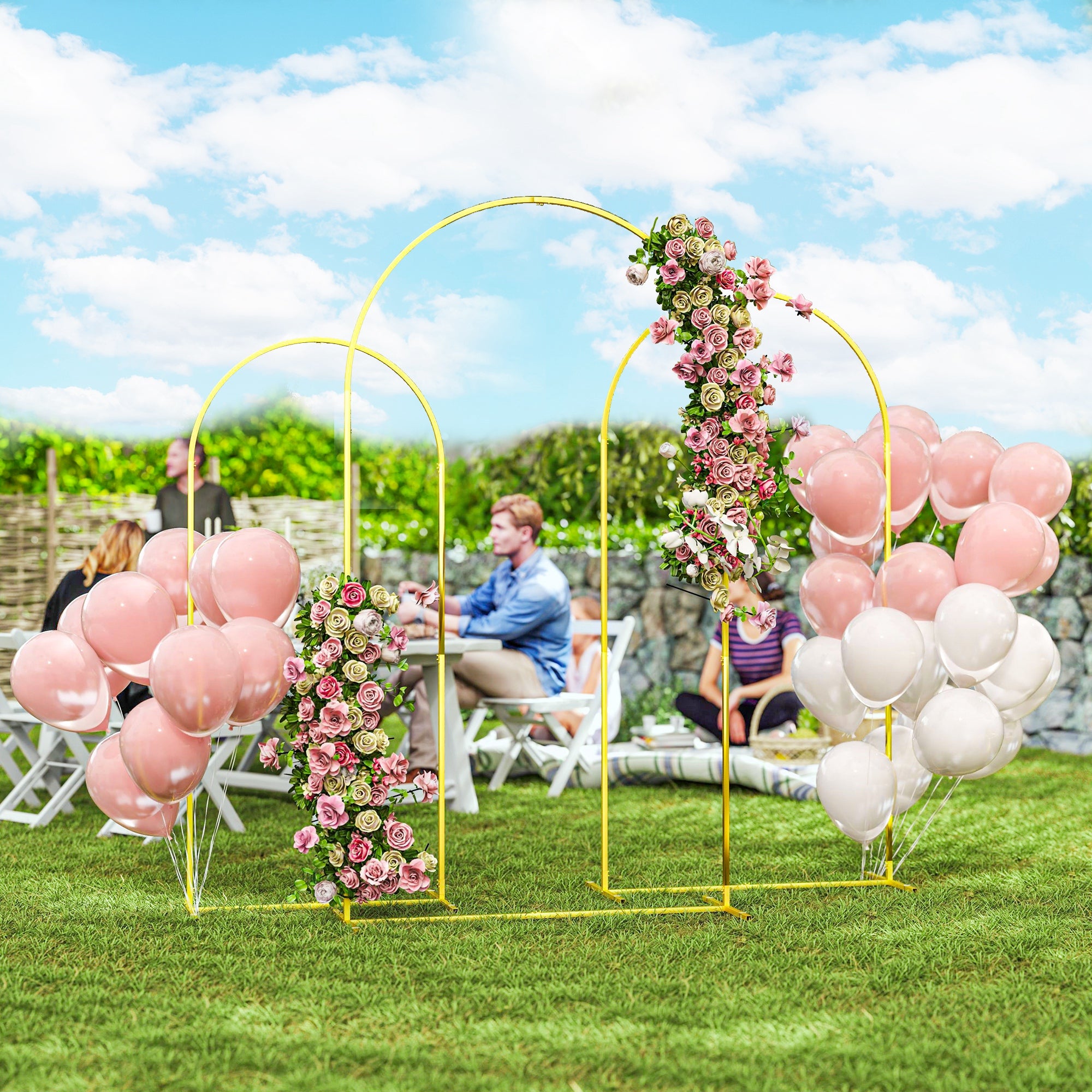 Outsunny Wedding Arch, 7/6.5/6 ft Metal Arch Backdrop Stand Set of 3, Balloon Balloon Arch Stand for Birthday Party, Bridal Shower, Graduation, Ceremony, Banquet Decorations, Gold