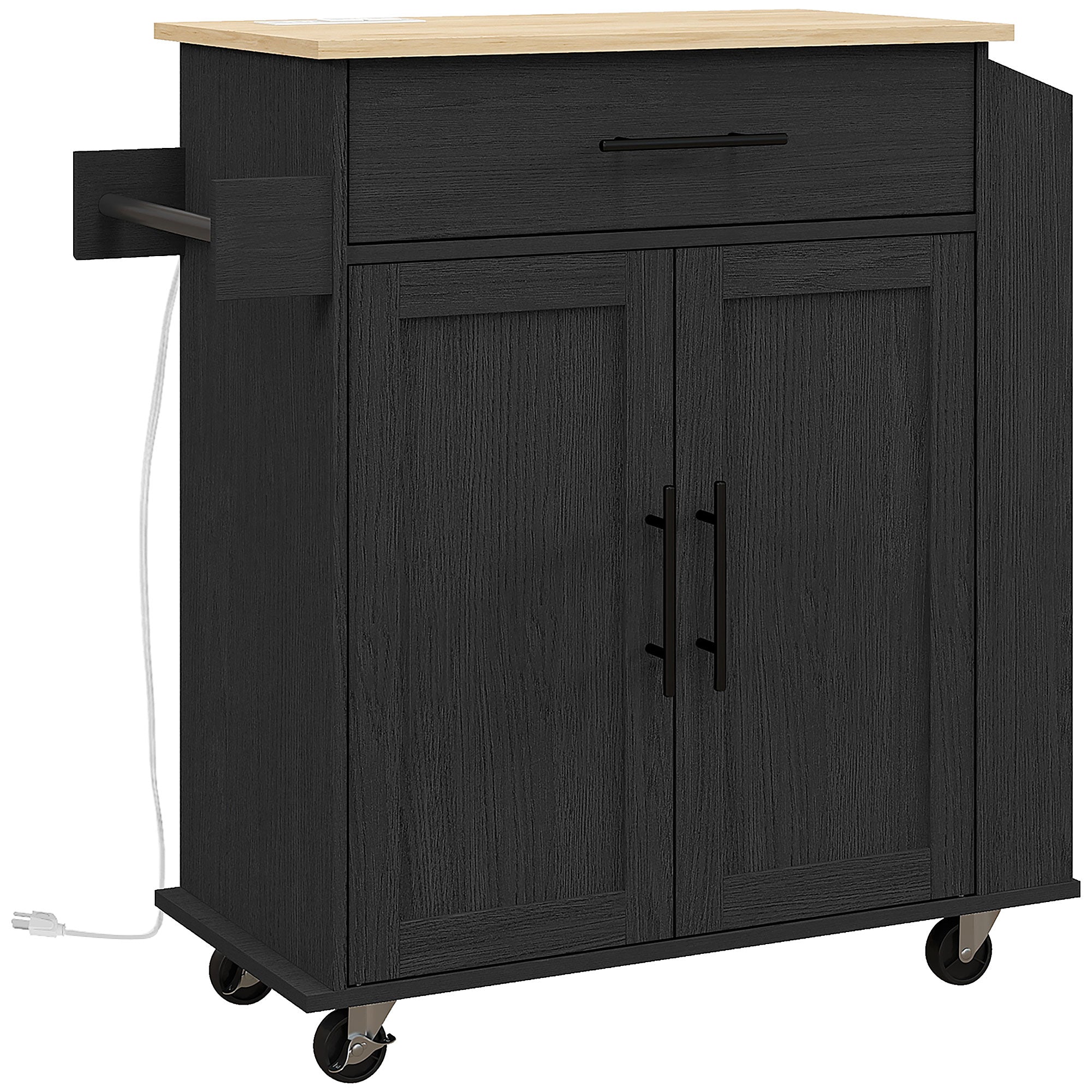 HOMCOM Kitchen Island on Wheels with Power Outlet, Rolling Kitchen Cart with Storage Drawer, Portable Microwave Stand with Cabinet, Towel Rack and Spice Rack (Black)