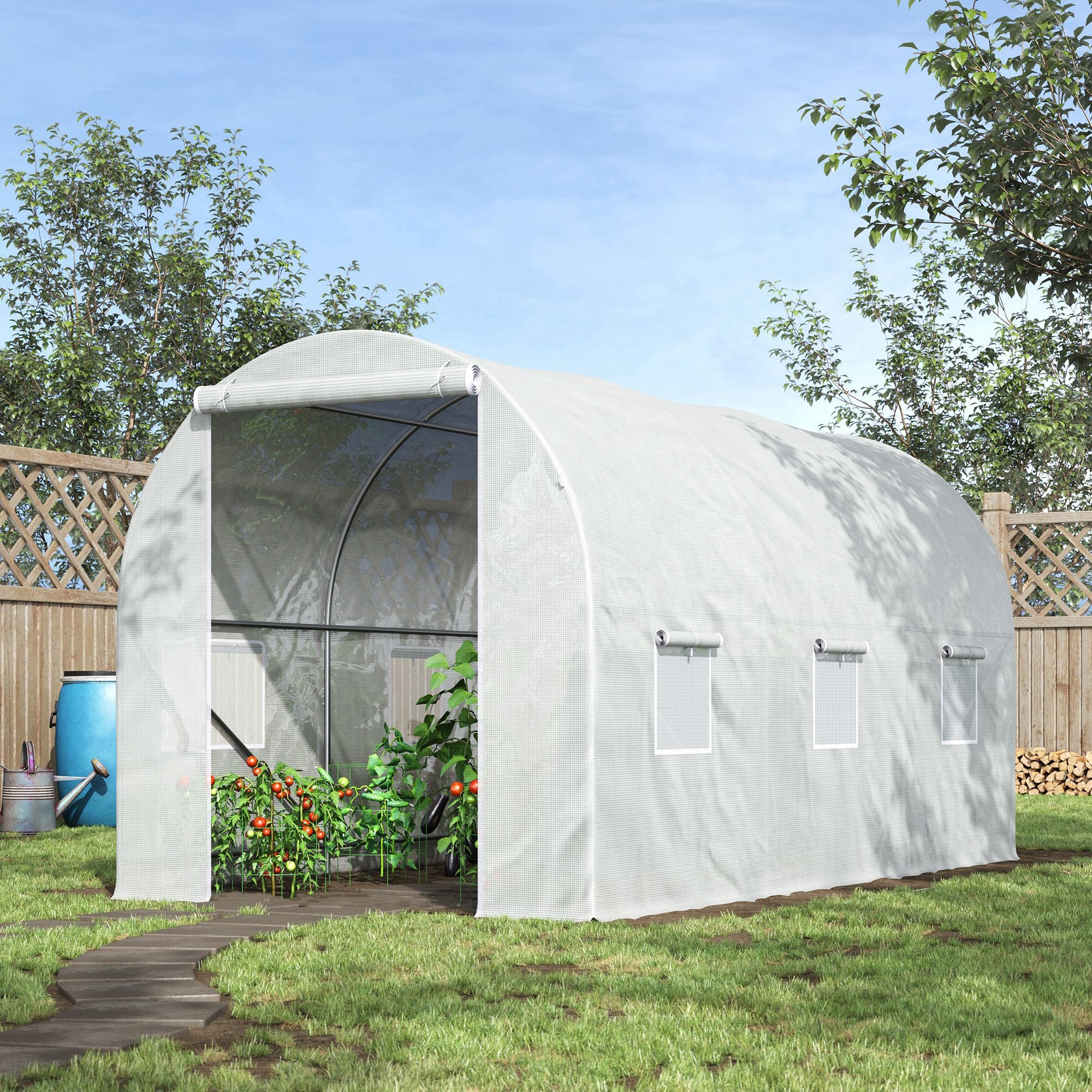Outsunny 11.5 x 6.6 x 6.6ft Walk-in Tunnel Greenhouse Portable Garden Plant Growing Warm House with Door and Ventilation Window White