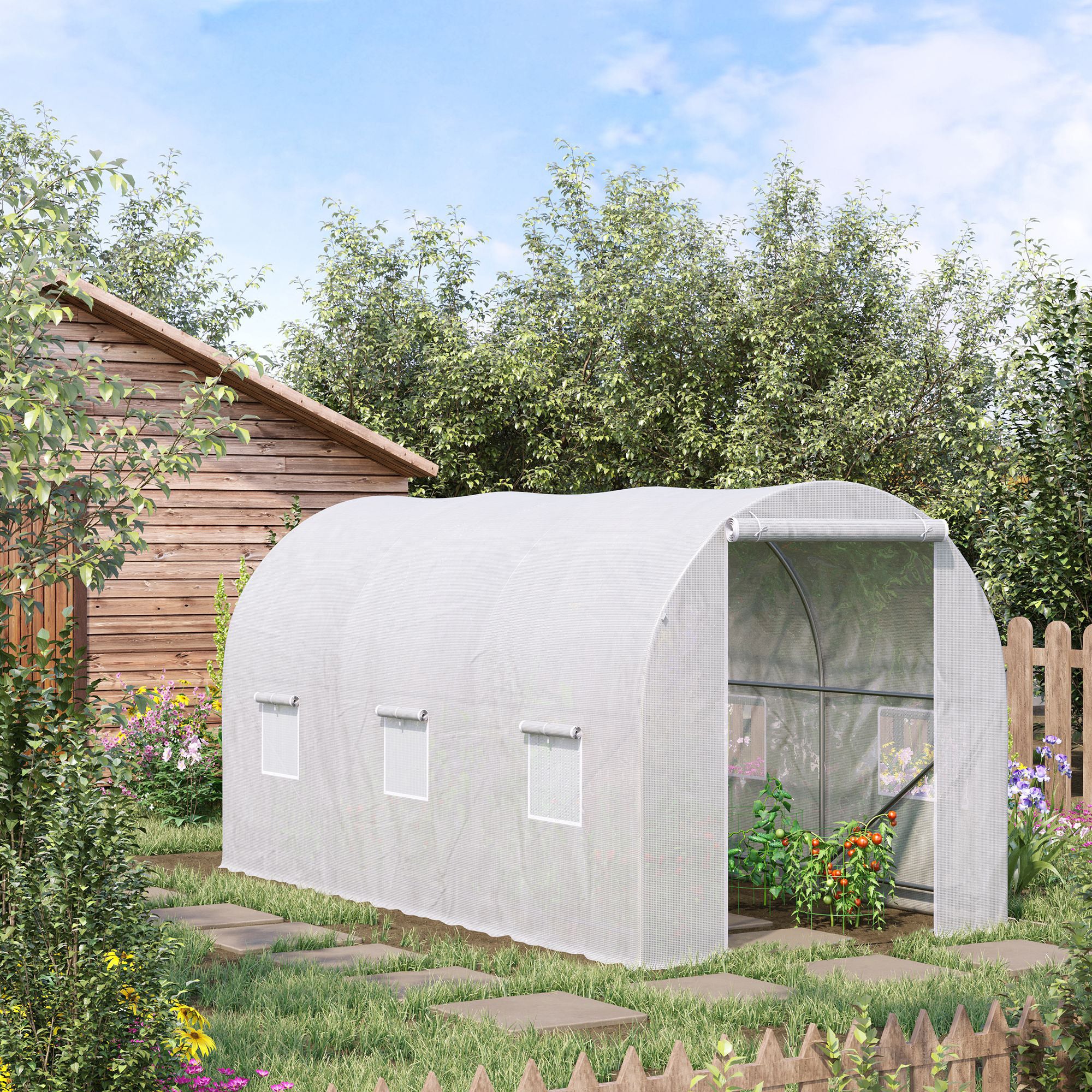 Outsunny 11.5 x 6.6 x 6.6ft Walk-in Tunnel Greenhouse Portable Garden Plant Growing Warm House with Door and Ventilation Window White