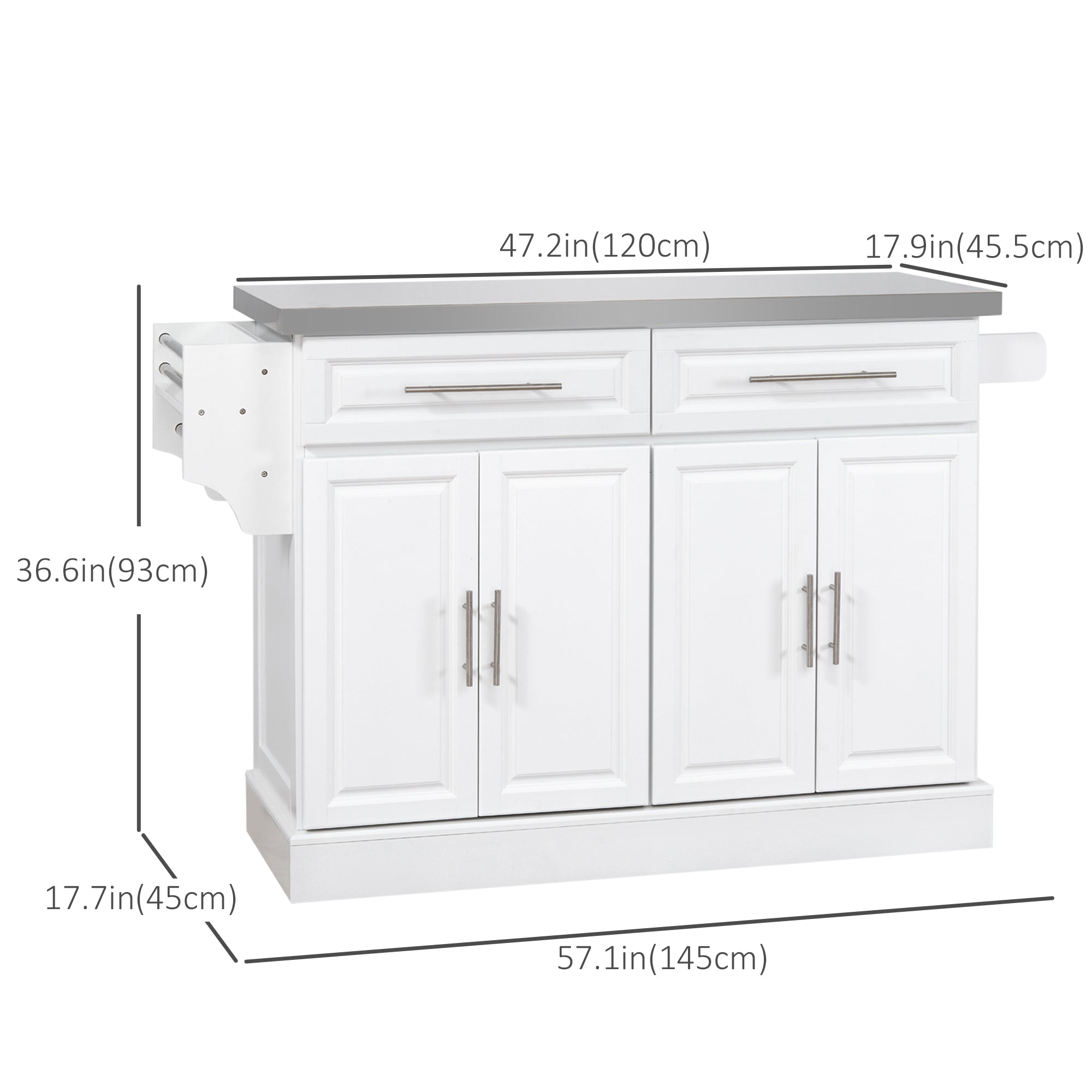 HOMCOM Kitchen Island with Storage, Rolling Kitchen Cart on Wheels with Stainless Steel Top, 2 Drawers, 2 Cabinets, Spice Rack, Knife and Towel Rack, White