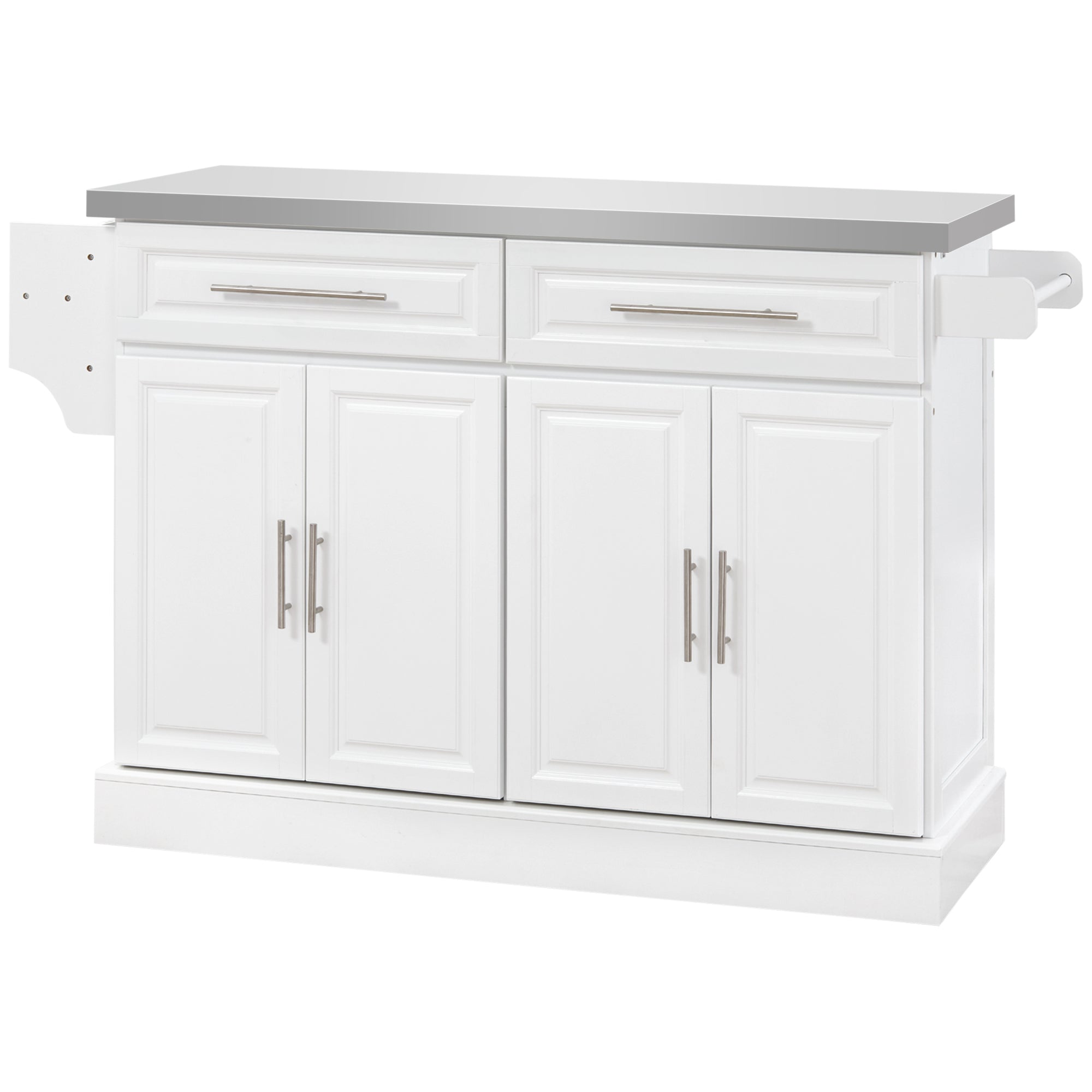 HOMCOM Kitchen Island with Storage, Rolling Kitchen Cart on Wheels with Stainless Steel Top, 2 Drawers, 2 Cabinets, Spice Rack, Knife and Towel Rack, White